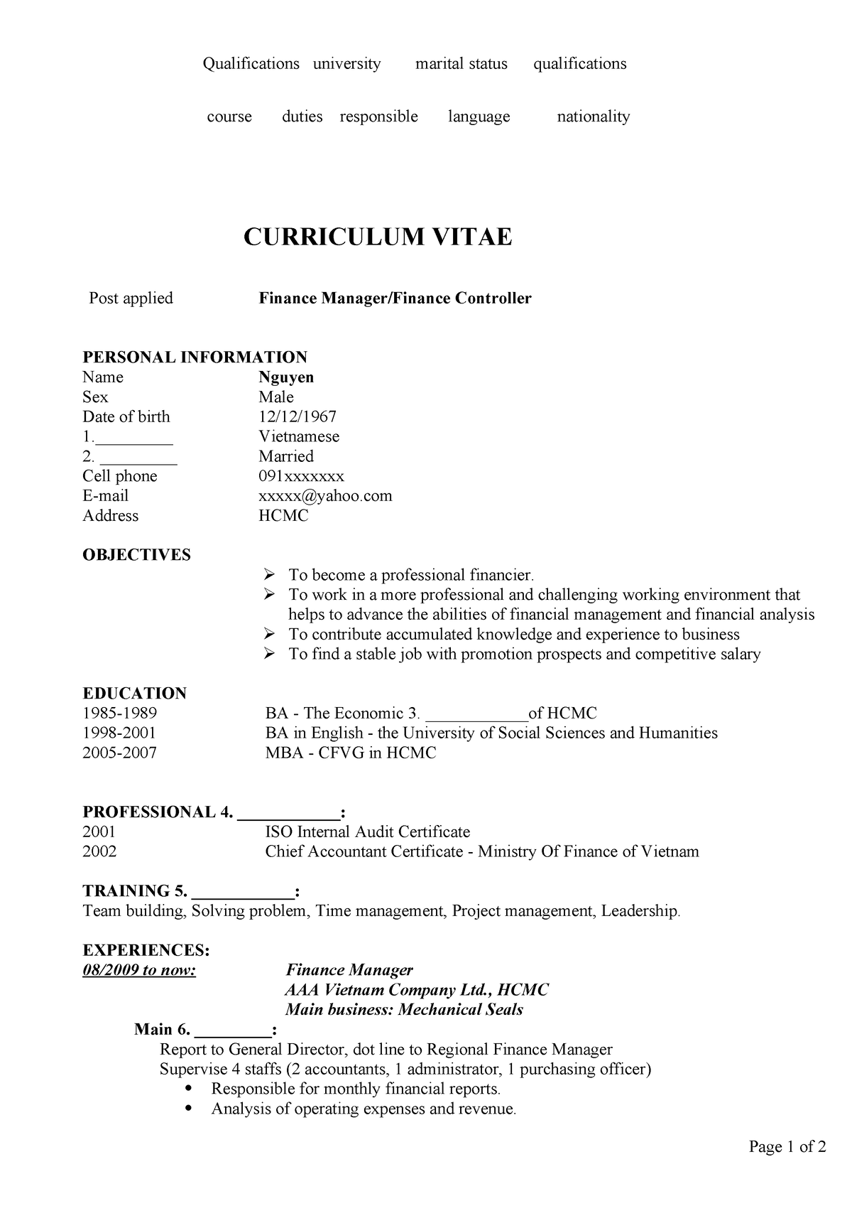 CV xin việc tiếng Anh file word - Qualifications university marital ...