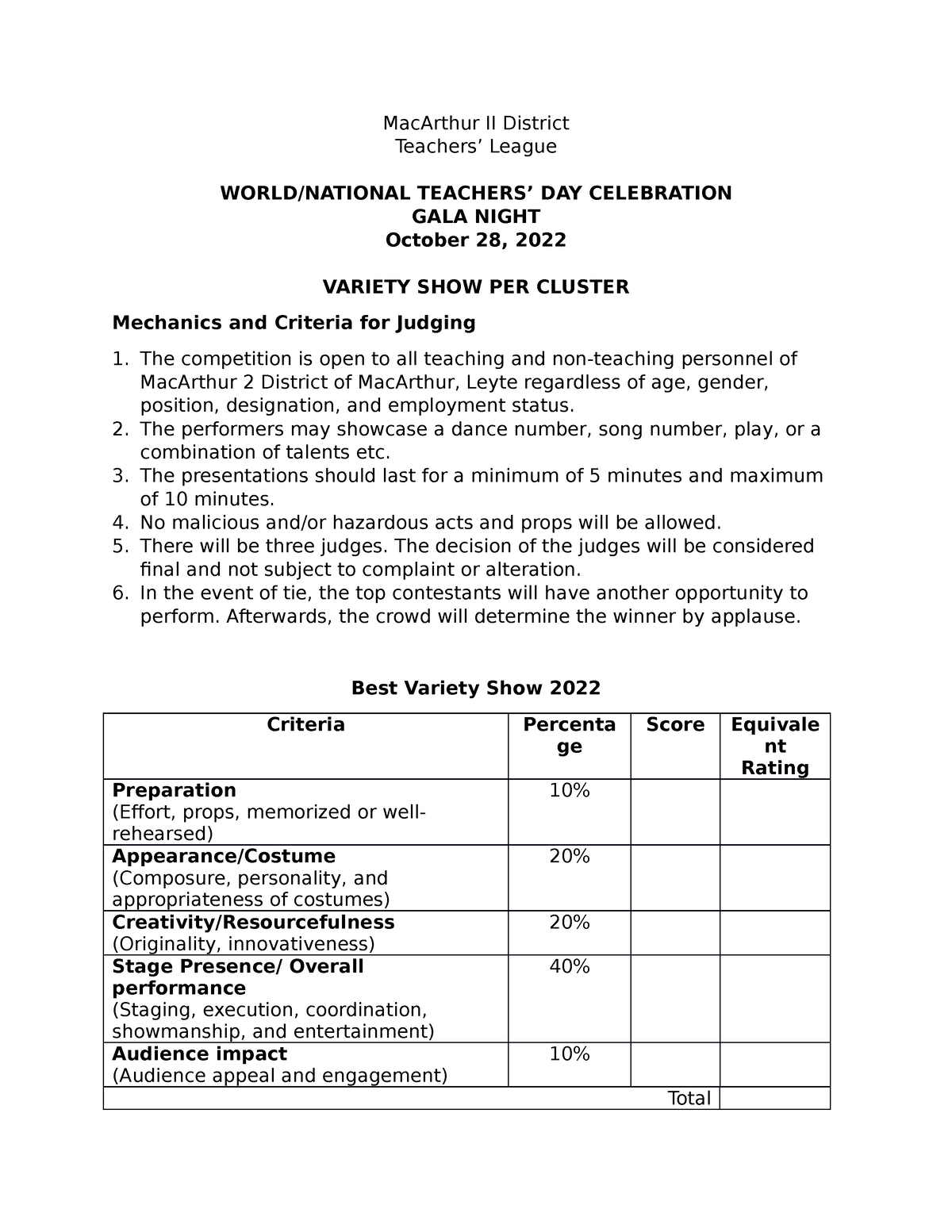 Criteria For Variety Show Macarthur Ii District Teachers League Worldnational Teachers Day 4851