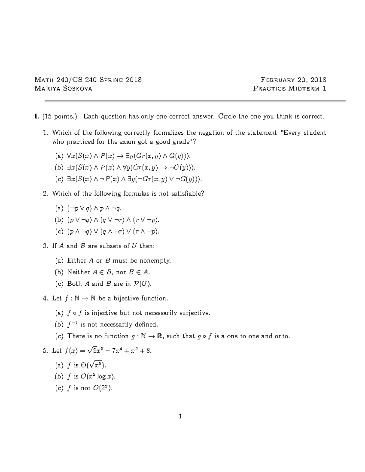 2018-Practice Midterm 1 - Math 240/CS 240 Spring 2018 February 20, 2018 ...