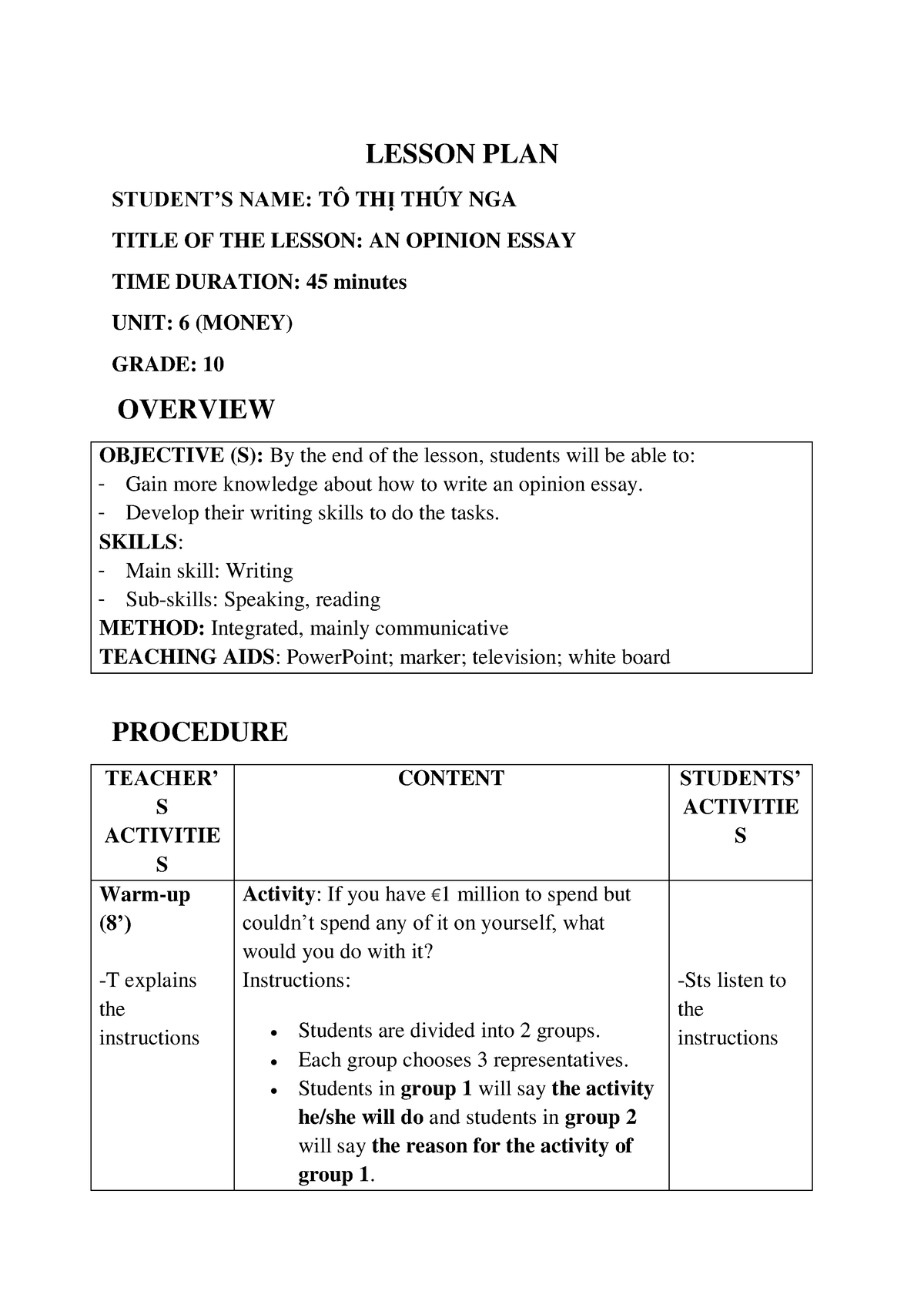 Lesson plan - no details - LESSON PLAN STUDENT’S NAME: TÔ THỊ THÚY NGA ...