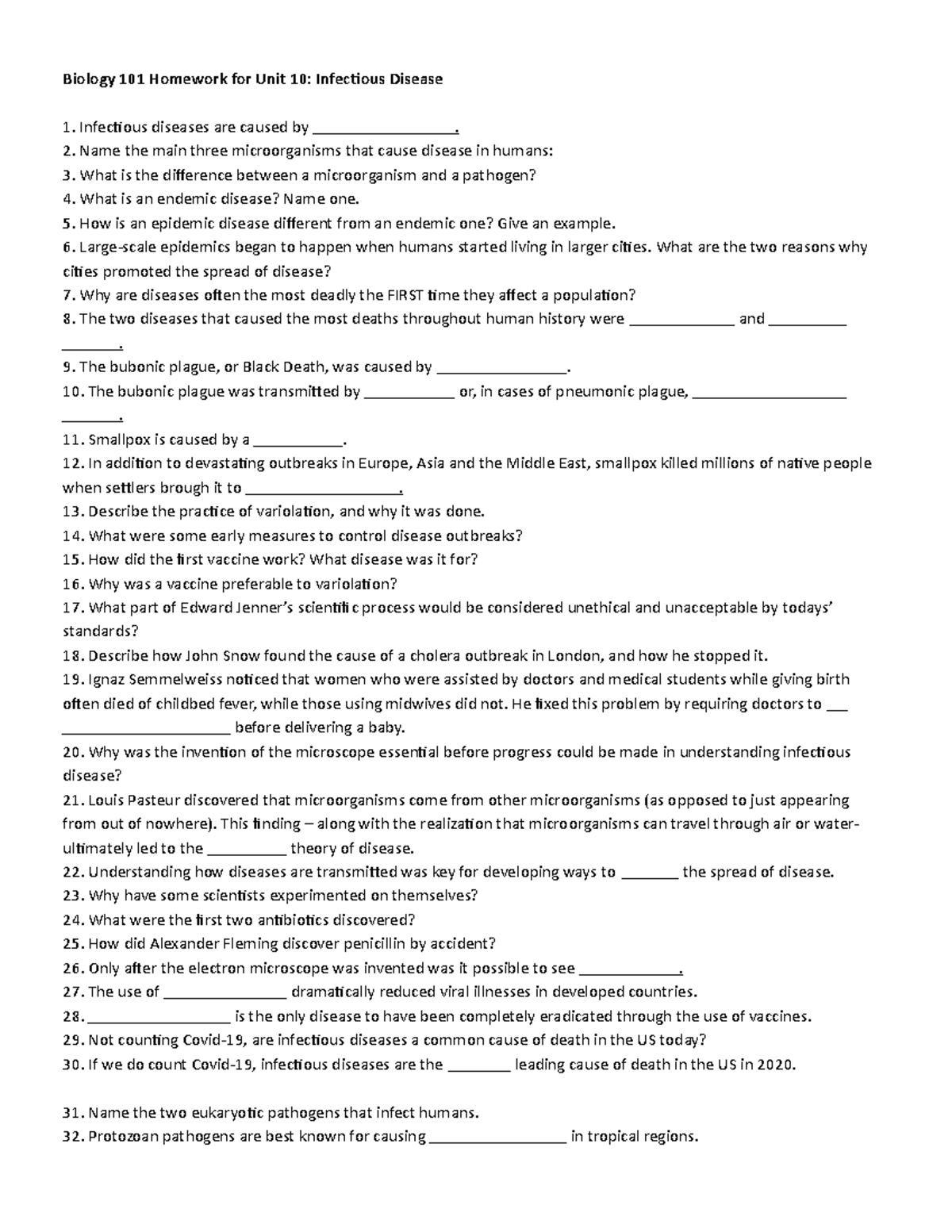 BIOL 101 Homework for Unit 10 - Infectious Disease-1-1 - Biology 101 ...