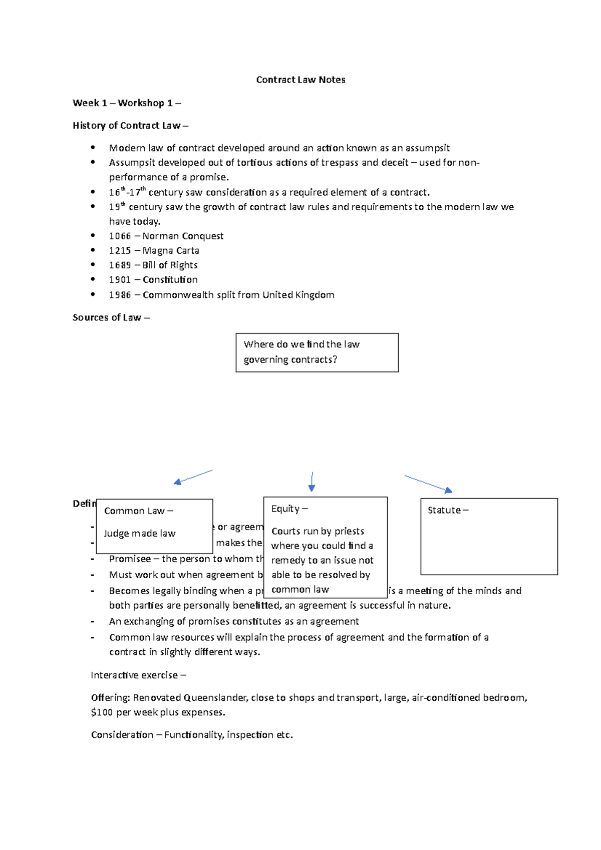 Contract Law 1 Lecture Notes Weeks 1-9 - Contract Law Notes Week 1 ...