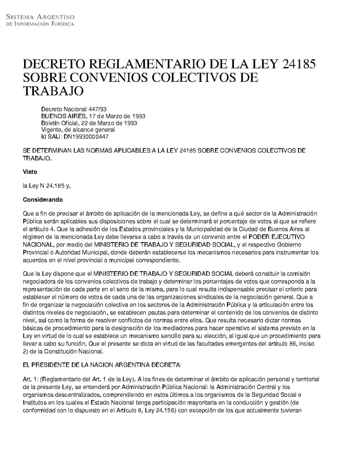 Decreto 447-93 - Reglamentario DE LA LEY 24185 Sobre Convenios ...