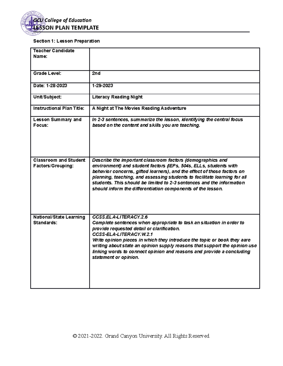 Coe lesson plan w4 - assignment - LESSON PLAN TEMPLATE Section 1 ...