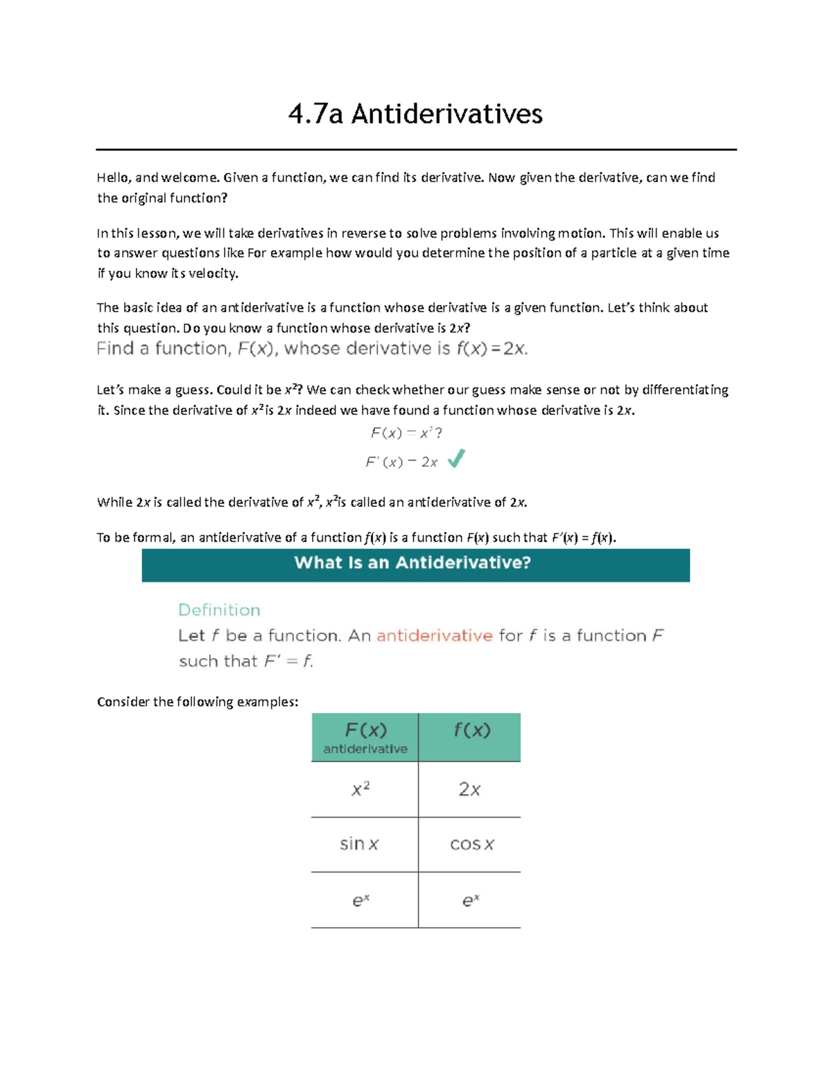 4.7a Antiderivatives - Lecture Notes - 4 Antiderivatives Hello, And ...