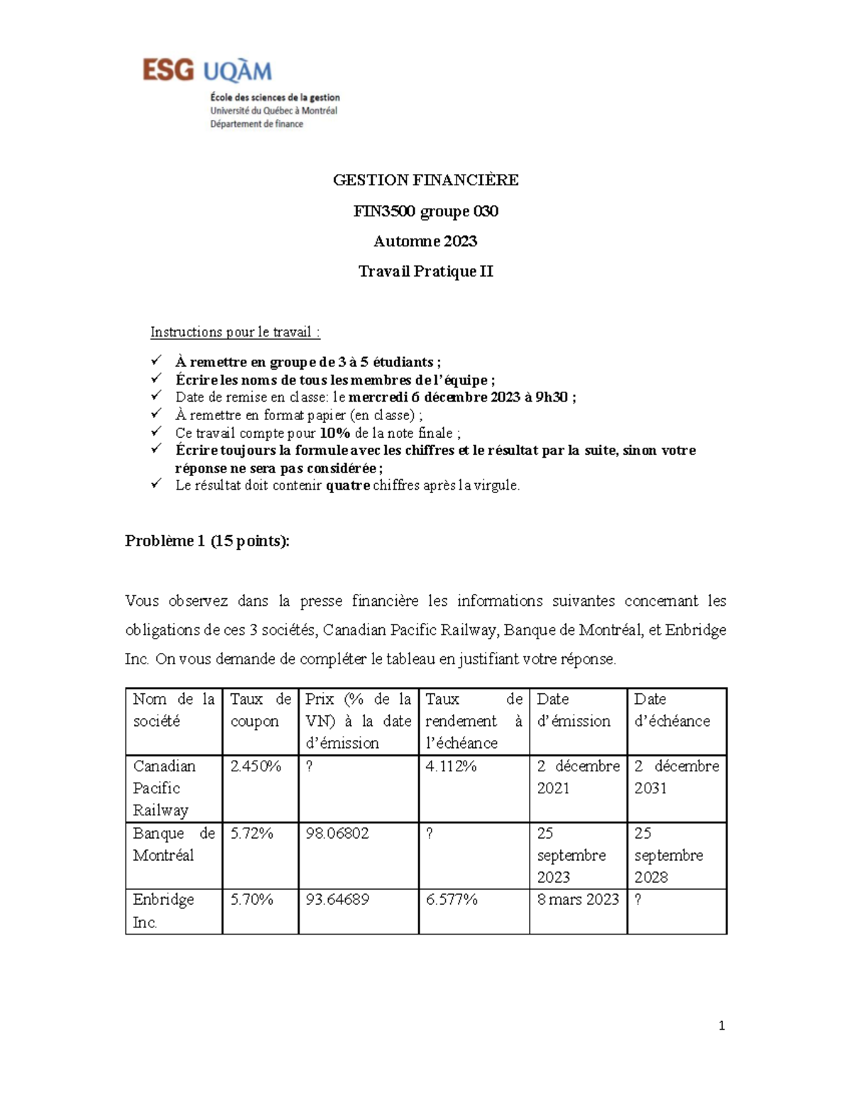 Tp 2 - tp final - GESTION FINANCIÈRE FIN3500 groupe 0 30 Automne 2023 ...