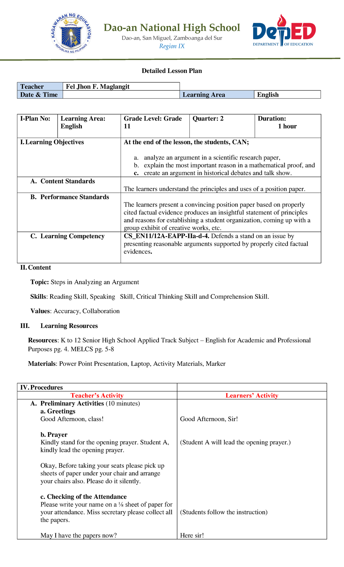 1ST Lesson PLAN FOR OFF- Campus Final na jyud - Dao-an National High ...