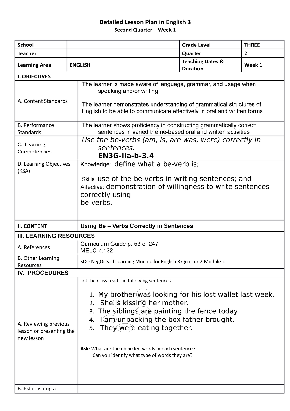 Eng 3 Q2 Module 1 - For Reference - Detailed Lesson Plan In English 3 ...