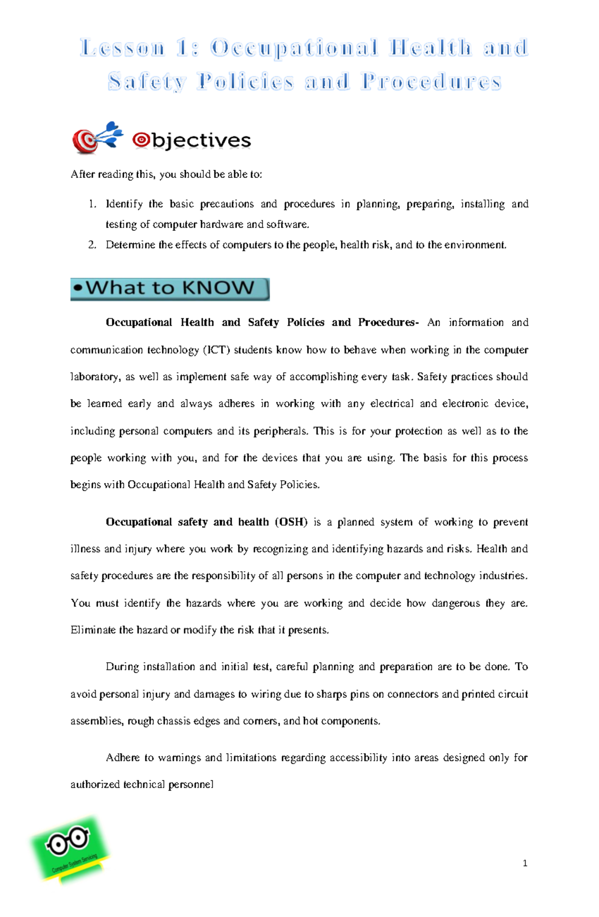 598802543 Lesson 1 Occupational Health and Safety Policies and Procedures After reading this