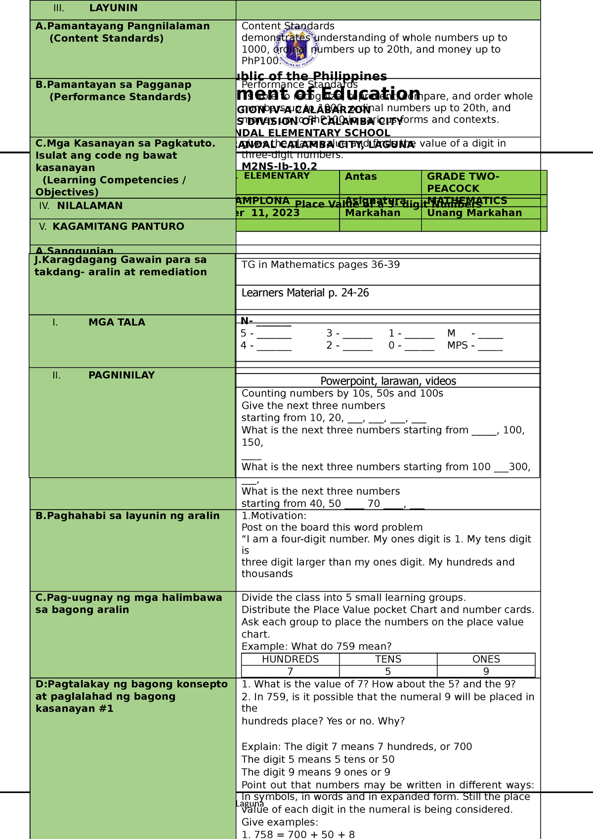 Dll Math Week 3 Short Republic Of The Philippines Department Of Education Region Iv A 5897