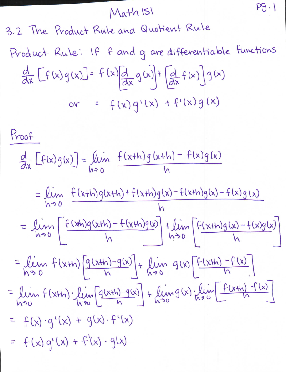 3.2 The Product Rule And Quotient Rule Math151 - MATH&151 - Studocu