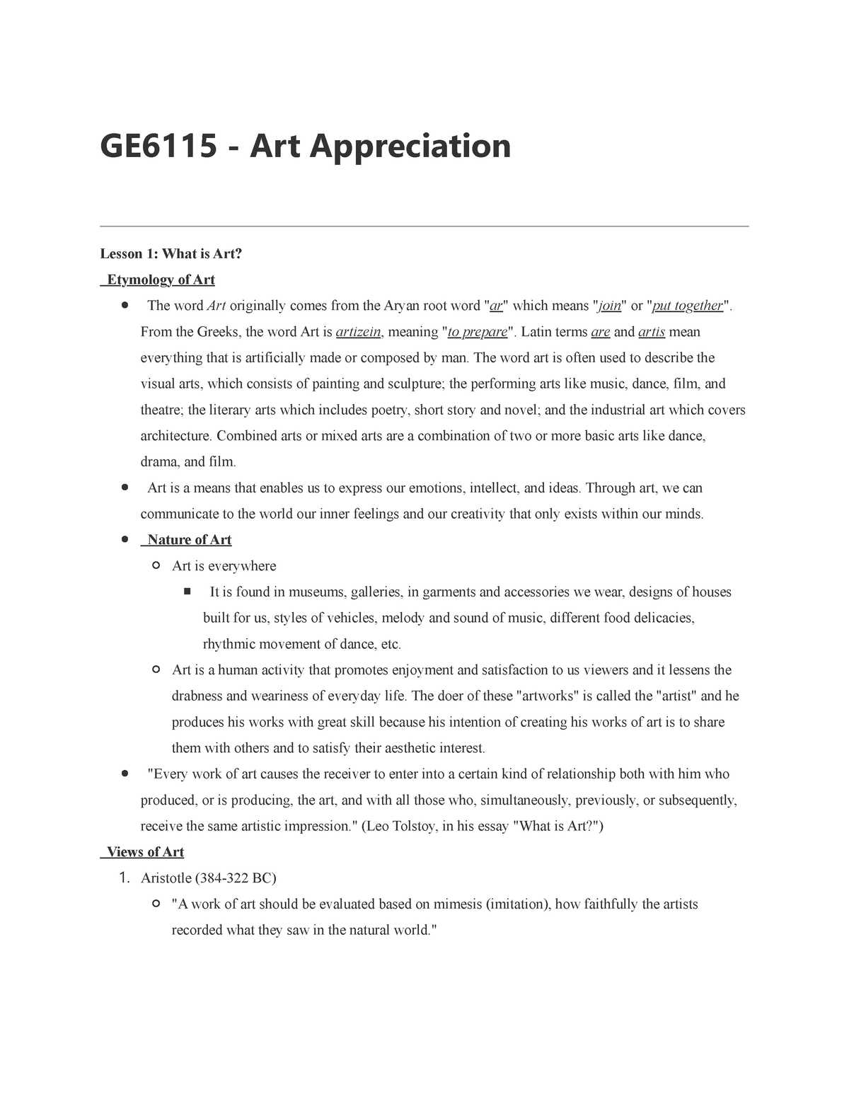 GE6115 - Art Appreciation - GE6115 - Art Appreciation Lesson 1: What Is ...