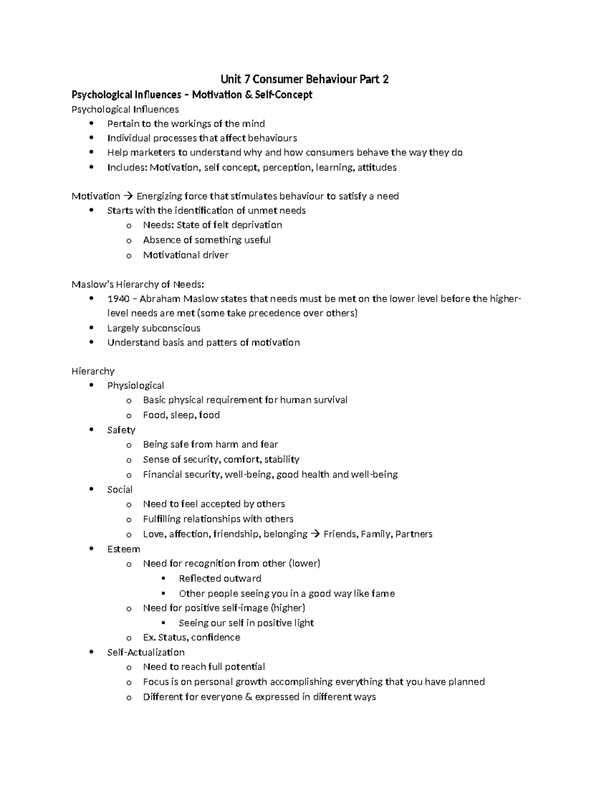MOS Exam 3 Final Notes - Unit 7 Consumer Behaviour Part 2 Psychological ...