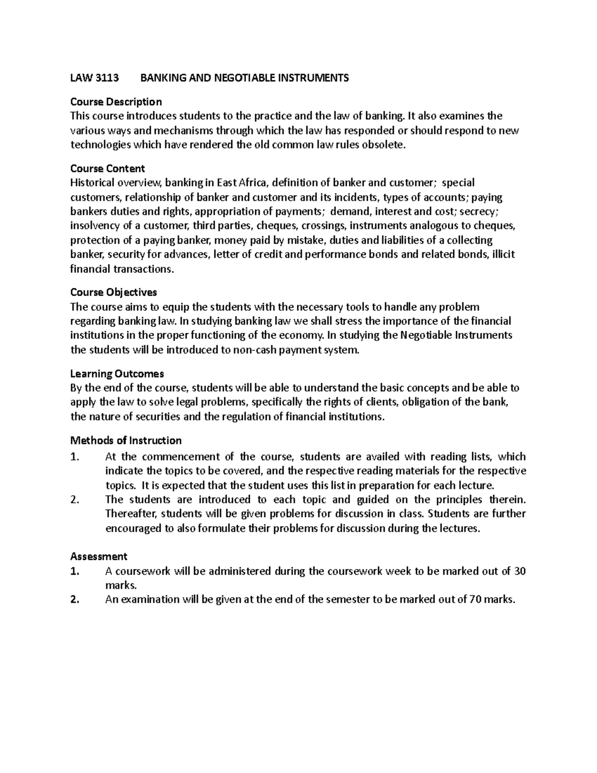 LAW 3113 Banking AND Negotiable Instruments - LAW 3113 BANKING AND ...