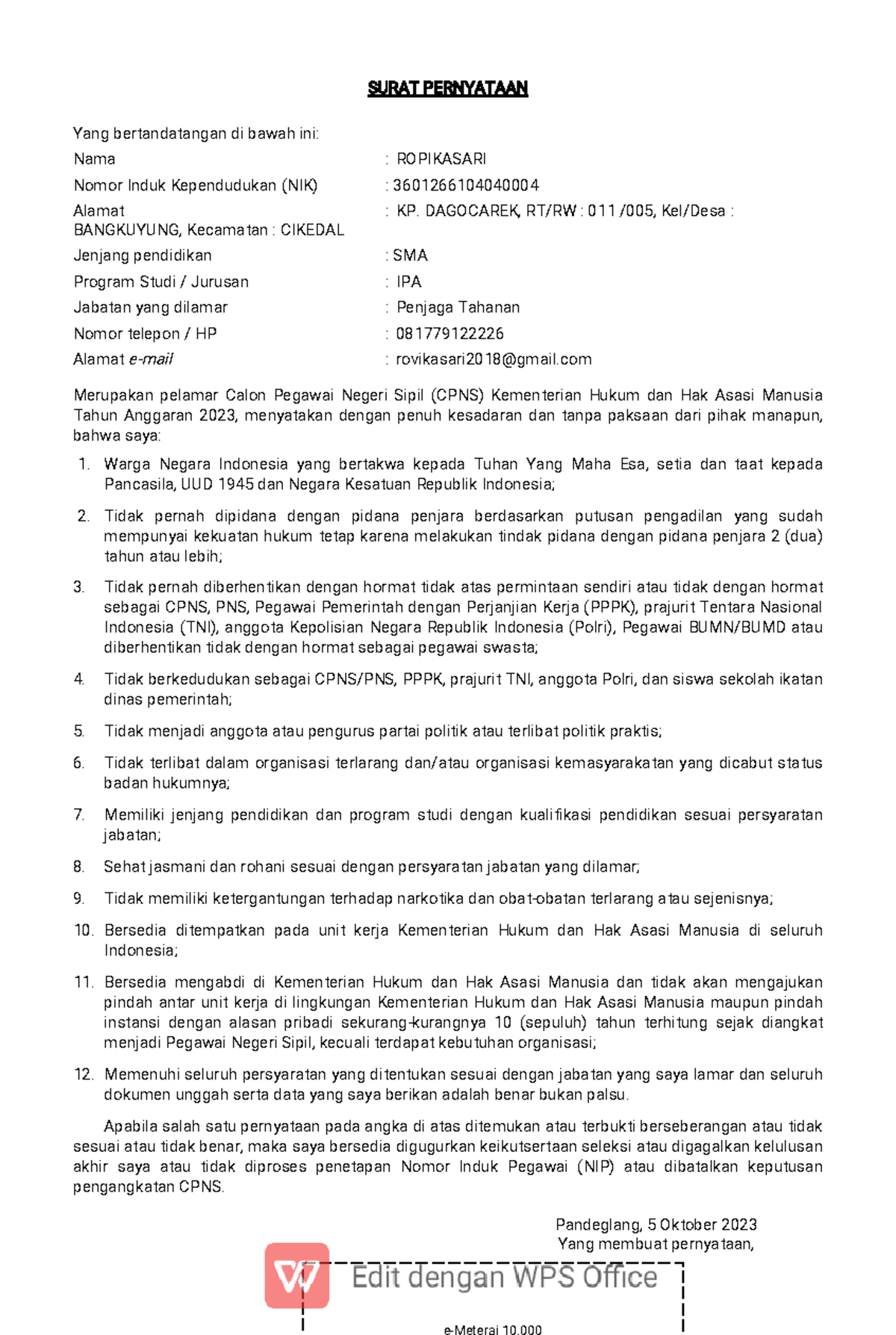 Surat pernyataan CPNS 2023 - SURAT PERNYATAAN Yang bertandatangan di