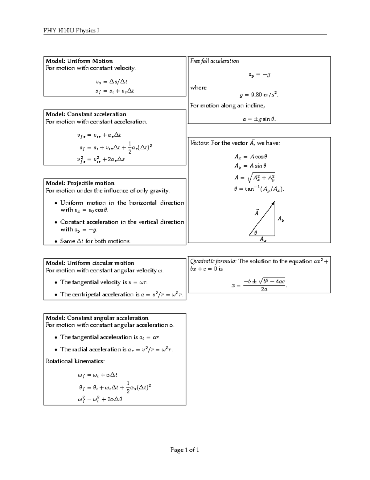 Physics 1 Test 1 Formula Sheet - PHY 1010U Physics I Model: Uniform ...