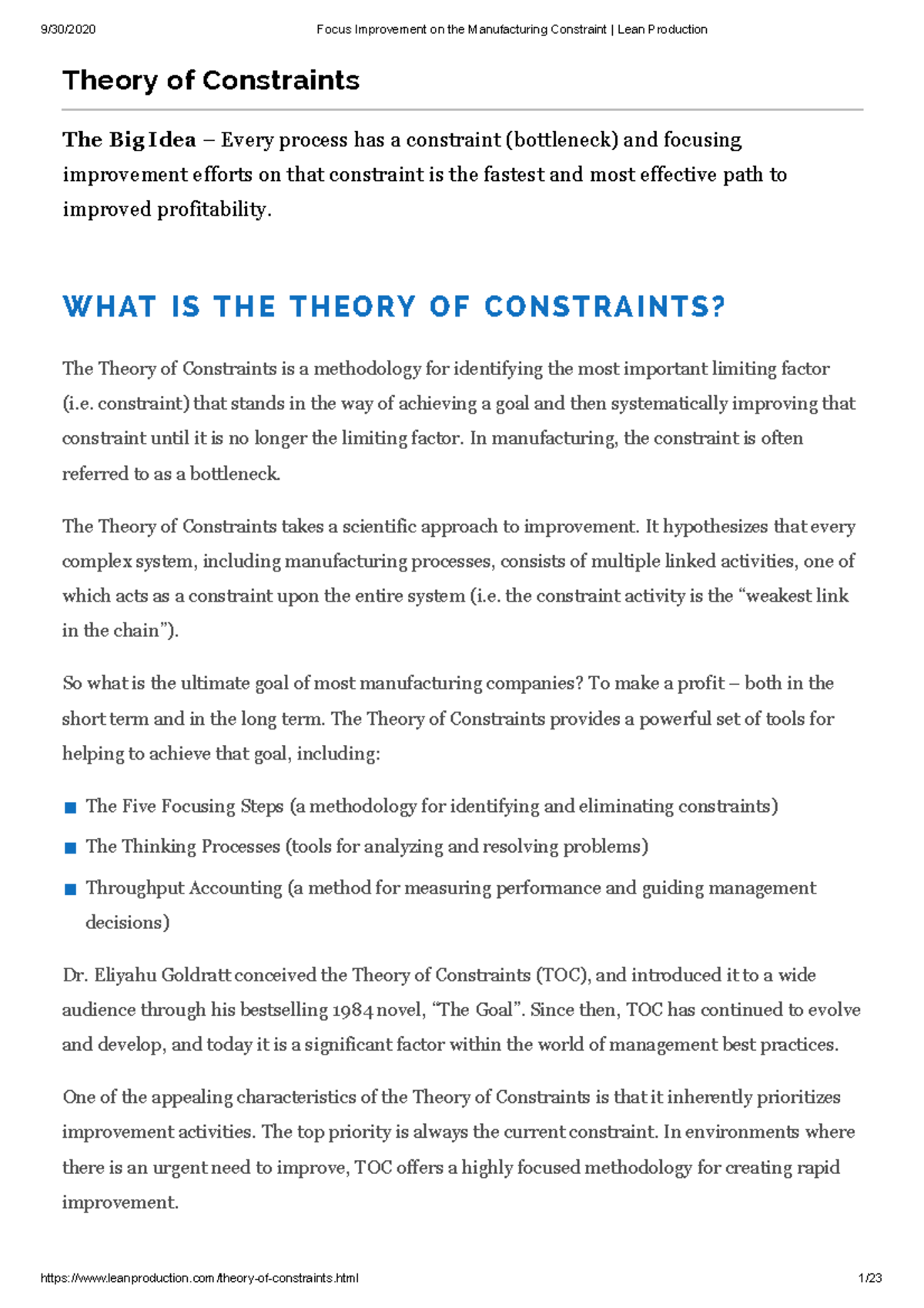 TOC additional reading - Theory of Constraints The Big Idea – Every ...
