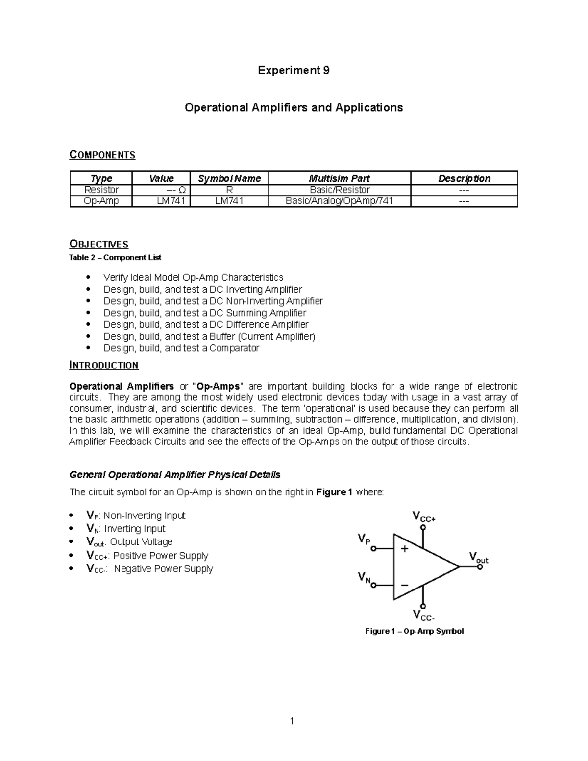 Lecture 9 circuit lab 1 Experiment 9 Operational Amplifiers and