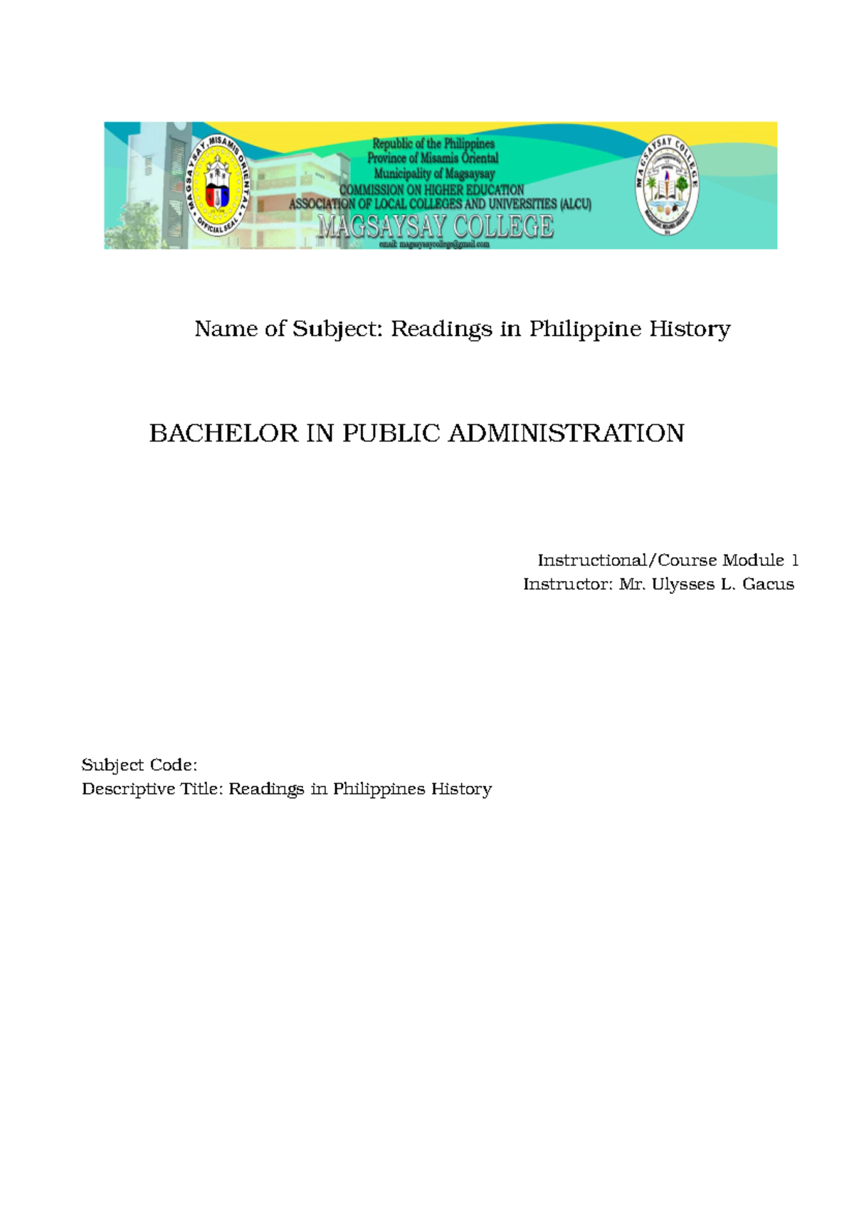 Module 1 Readings In Phil History Name Of Subject Readings In