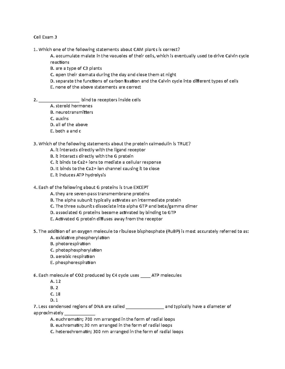 Cell Exam 3 - Cellular and Molecular Biology Exam 3 - Cell Exam 3 Which ...