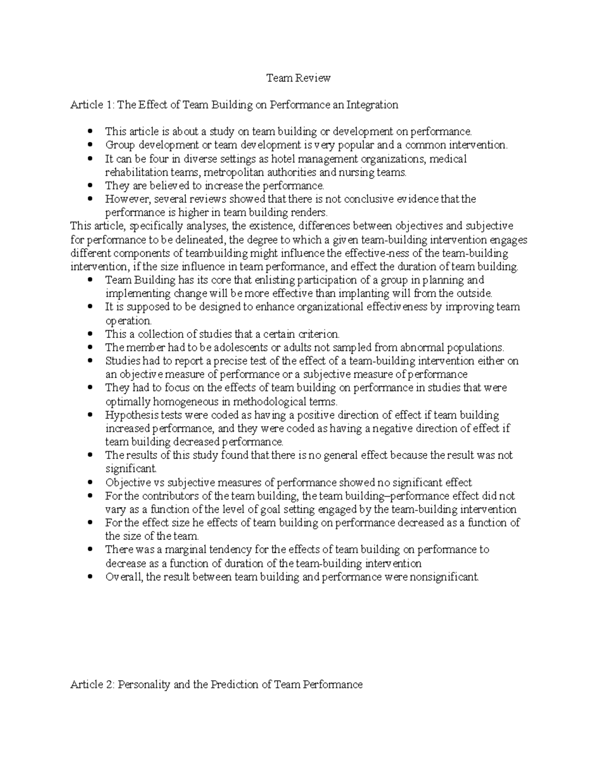 Team Review Team Review Article 1 The Effect Of Team Building On