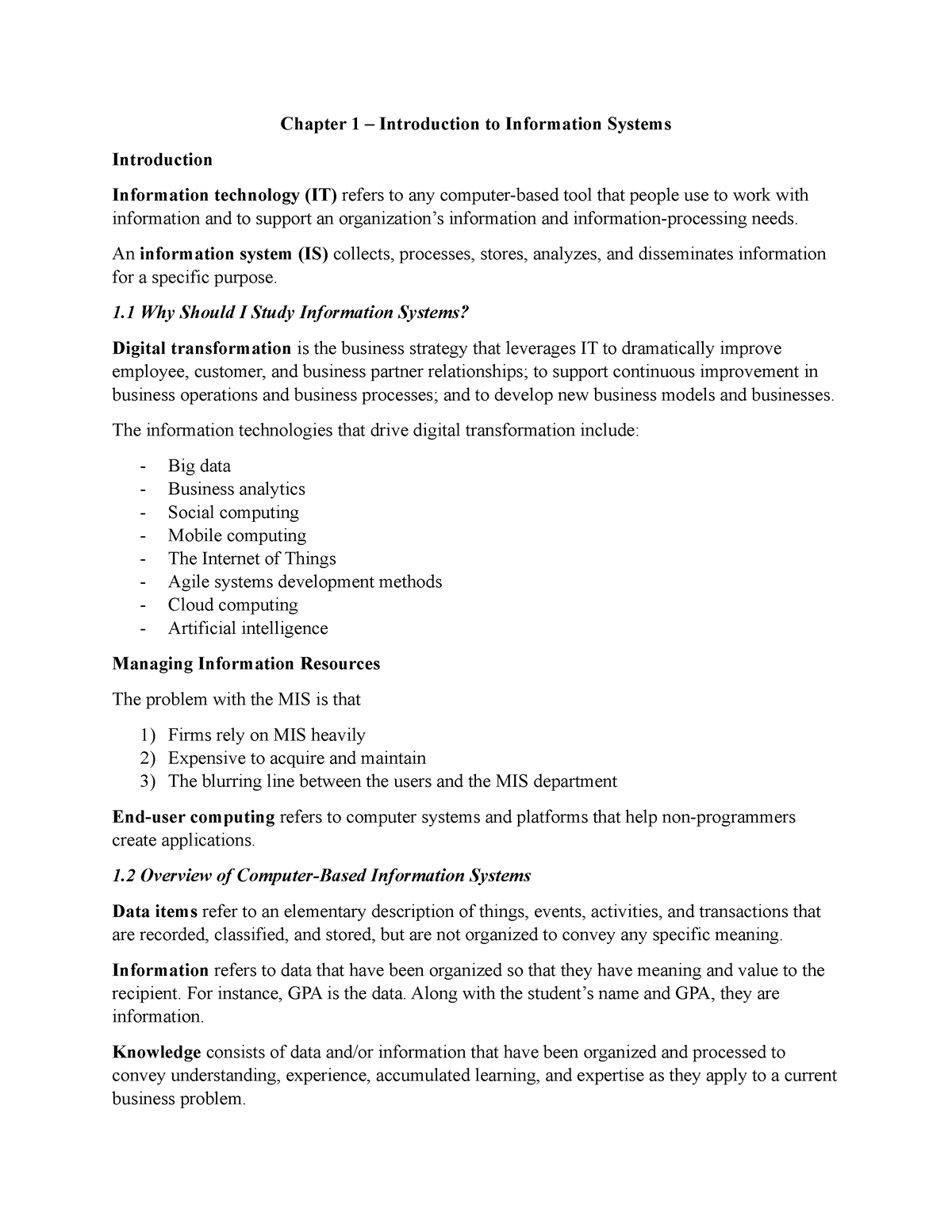 Chapter 1 - Chapter 1 – Introduction To Information Systems ...