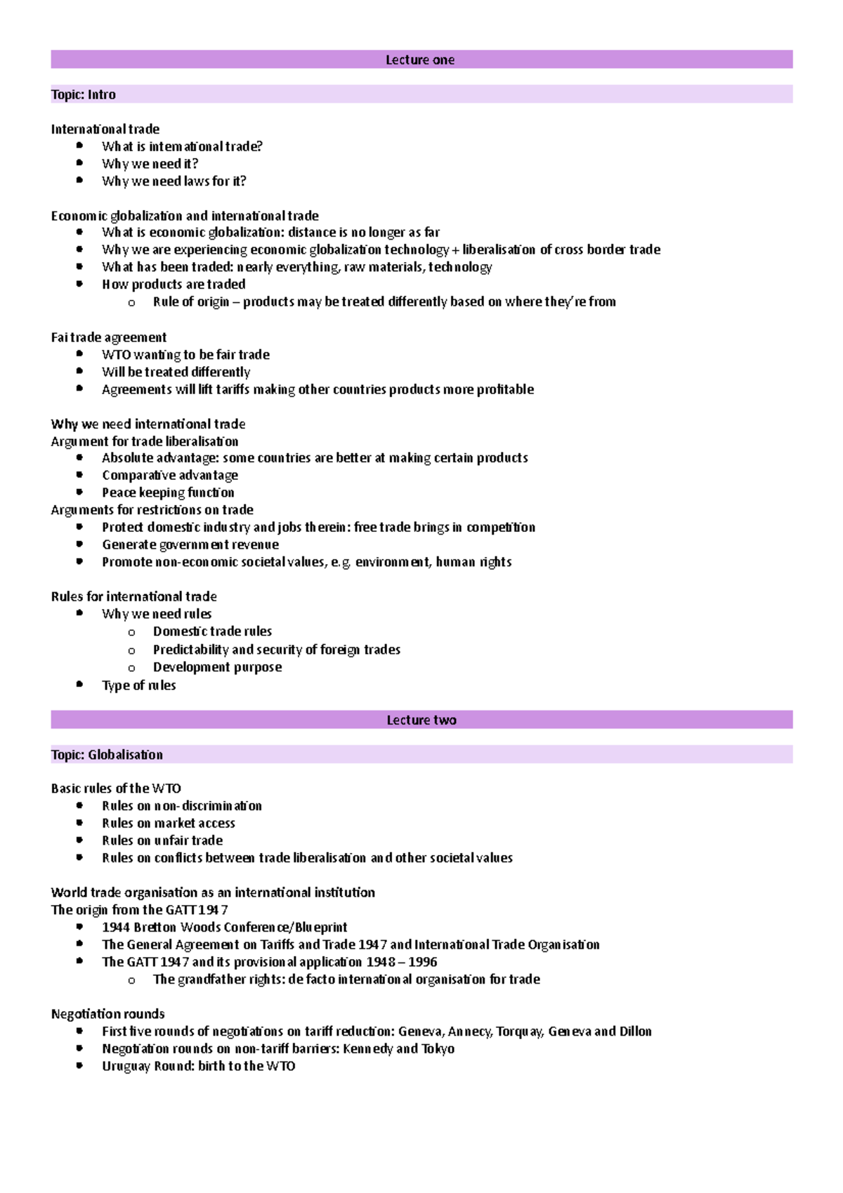 International Trade Law Lecture Notes - Lecture one Topic: Intro ...