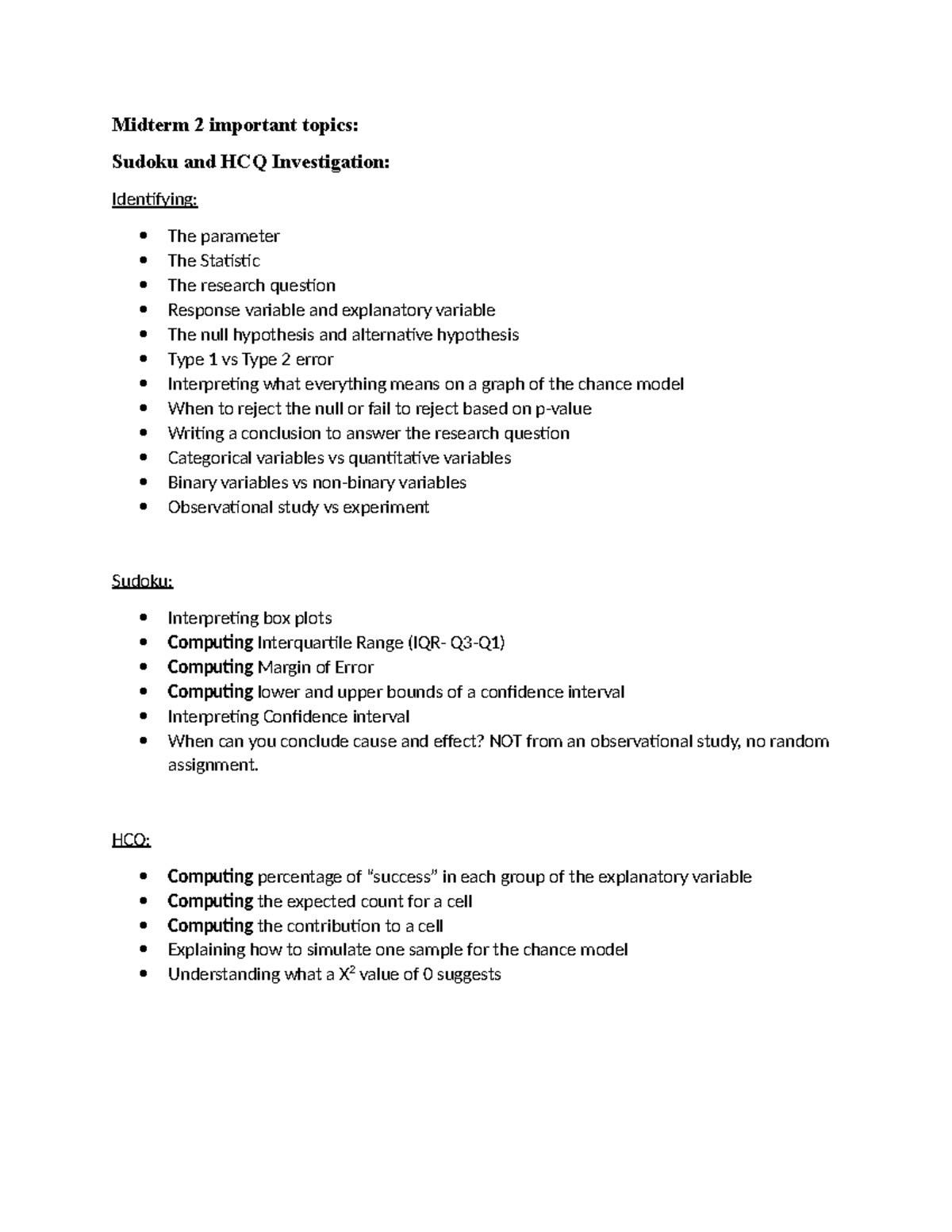 Midterm 2 Study Guide - Midterm 2 important topics: Sudoku and HCQ ...