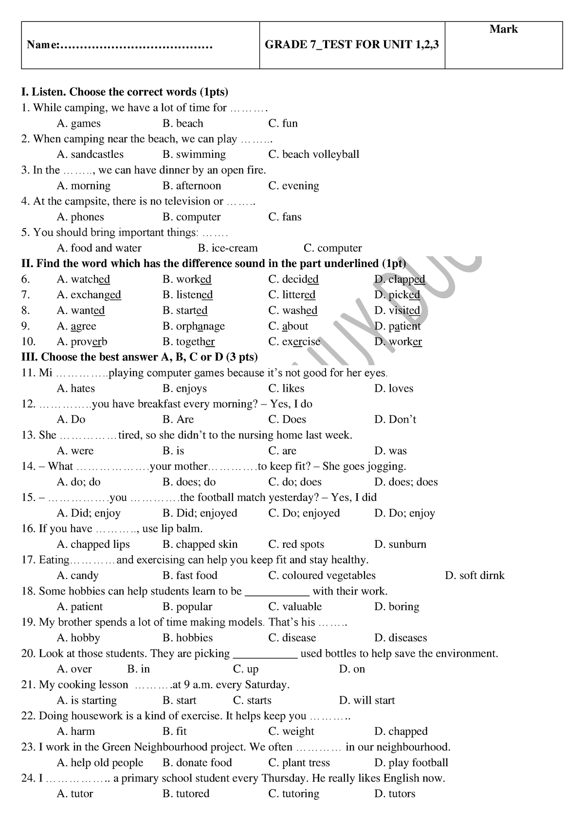 G.7 TEST FOR U1,2,3 - For practising use of language - Name