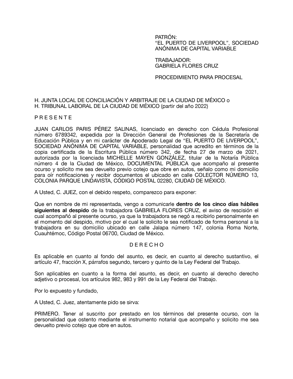 Promoción o escrito de procedimiento procesal - PATRÓN: “EL PUERTO DE ...