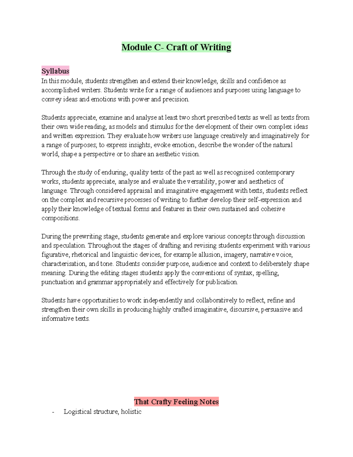 Craft of writing notes - Module C- Craft of Writing Syllabus In this ...