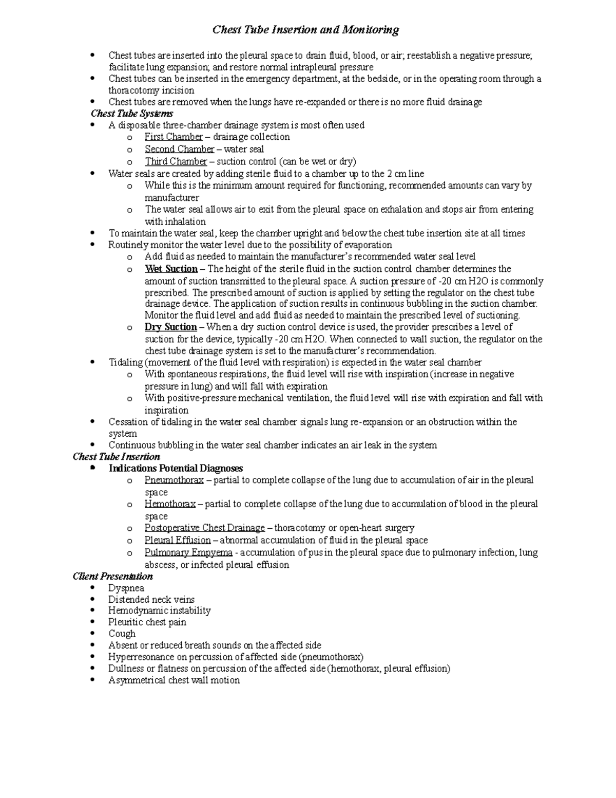 Chest Tube Notes - N/A - nur 601 - Chamberlain University - Studocu