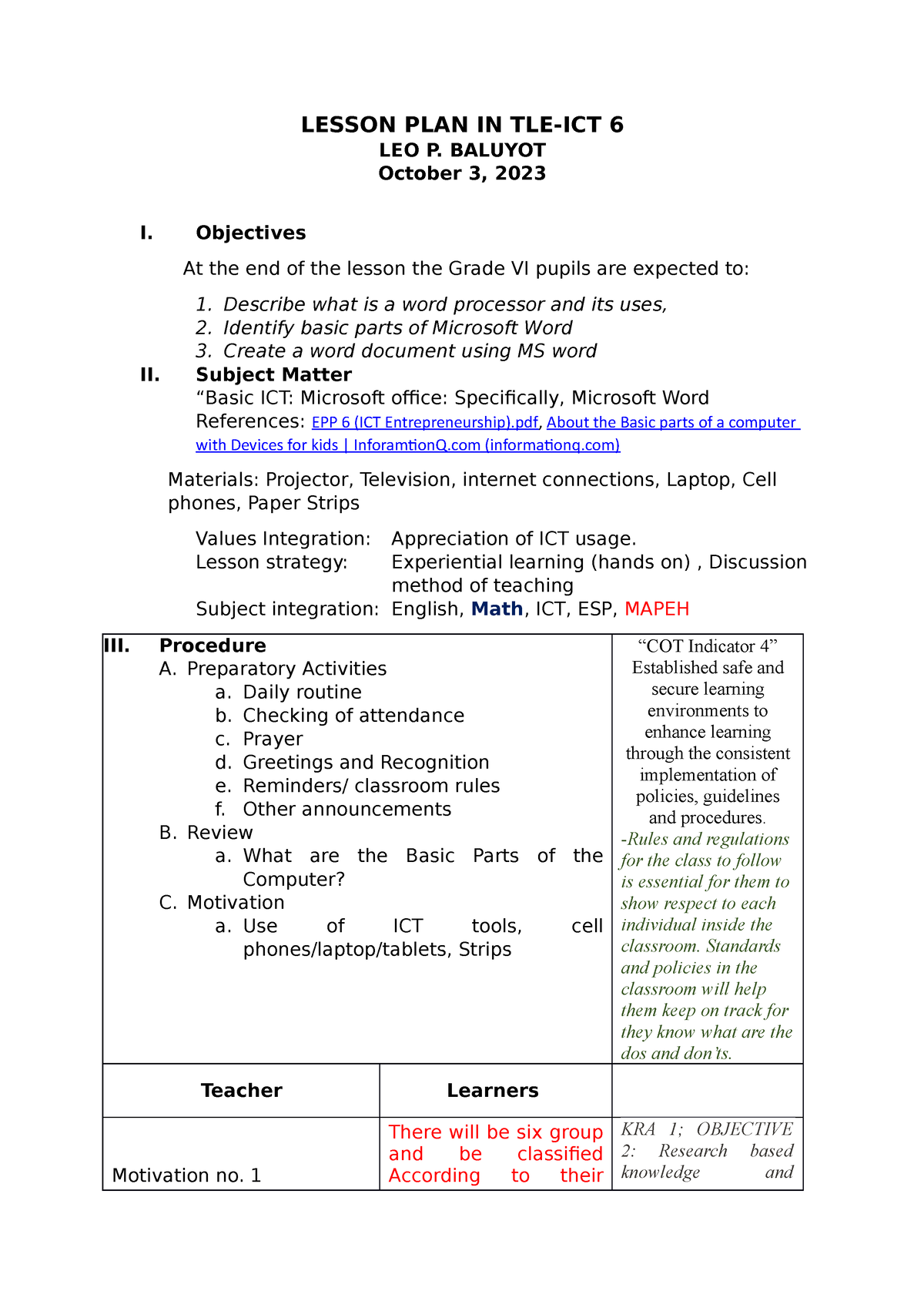 Lesson Plan In Ict First Cot Teacher Leo Lesson Plan In Tle Ict Hot Sex Picture 1097