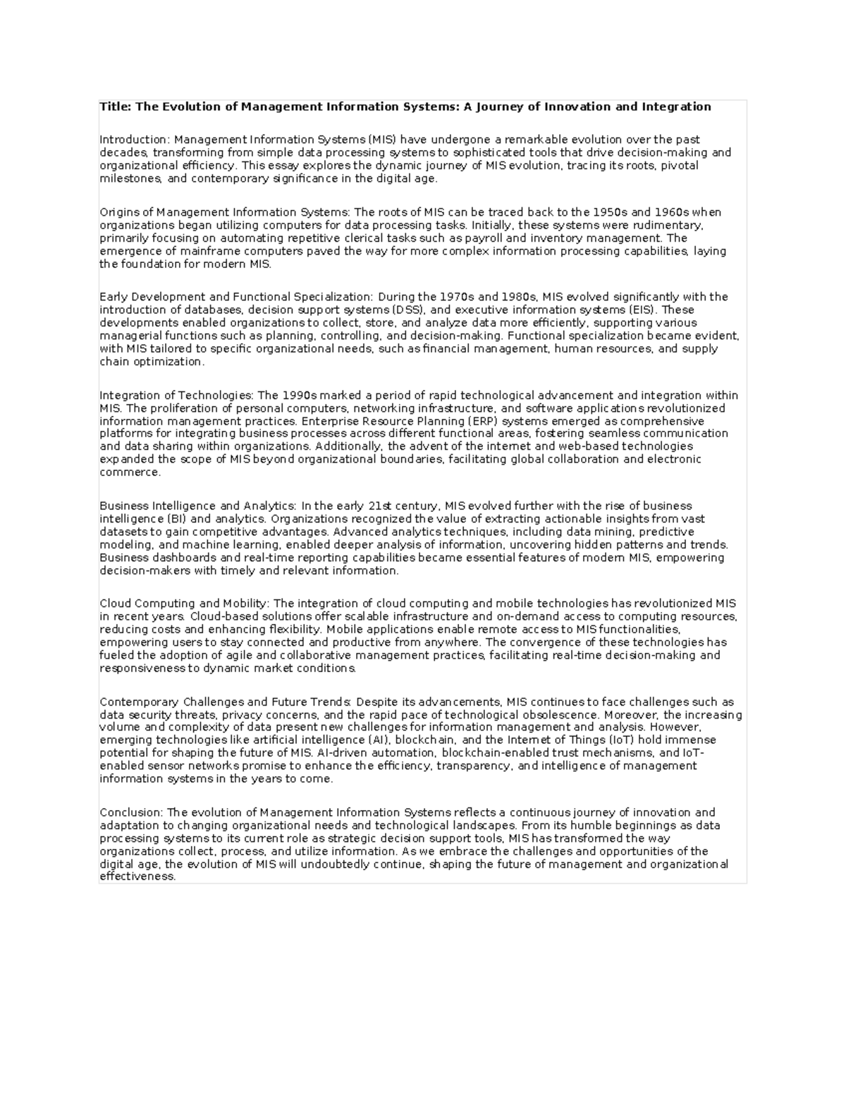 The Evolution of Management Information Systems A Journey of Innovation ...
