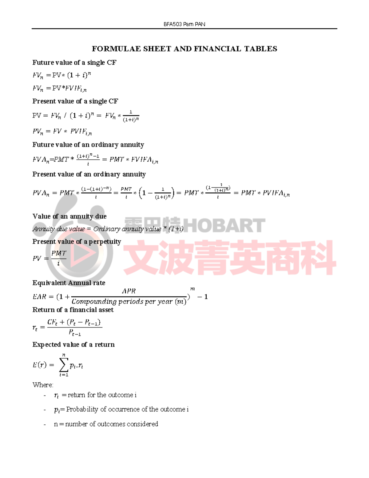 Financial Management Formula And Tables - BFA503 - UTAS - Studocu