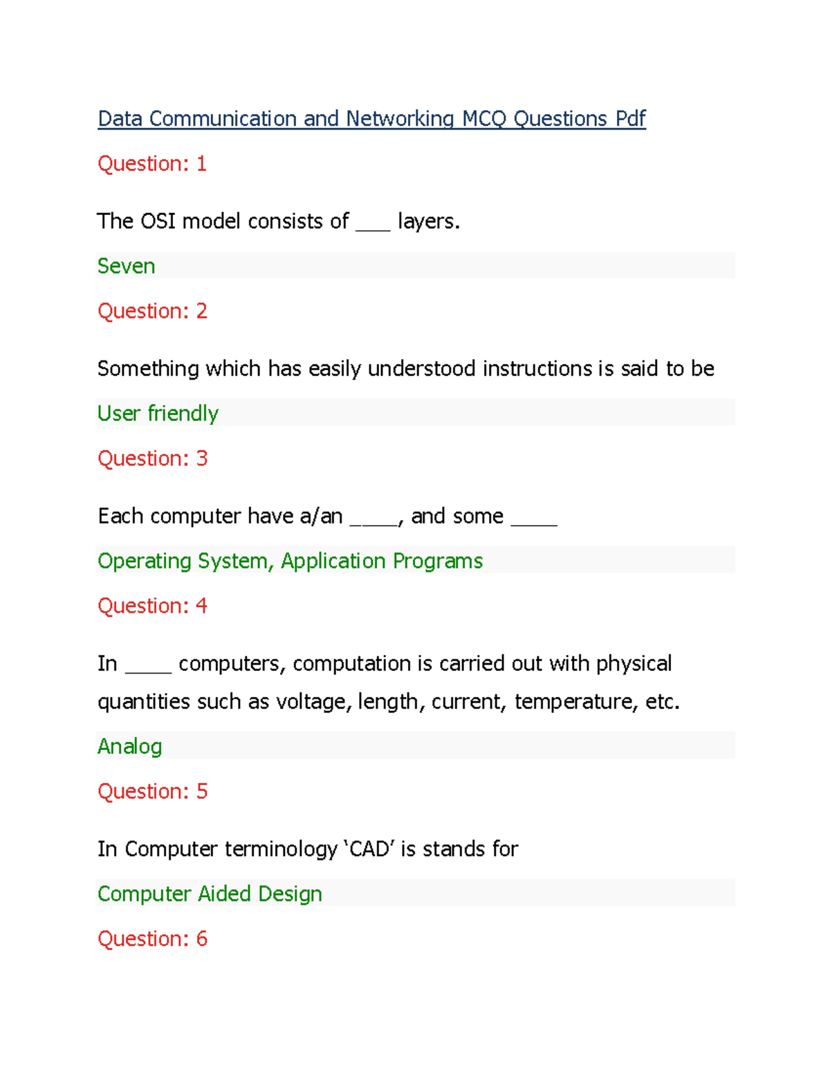 Data communication networking quiz Data Communication and Networking