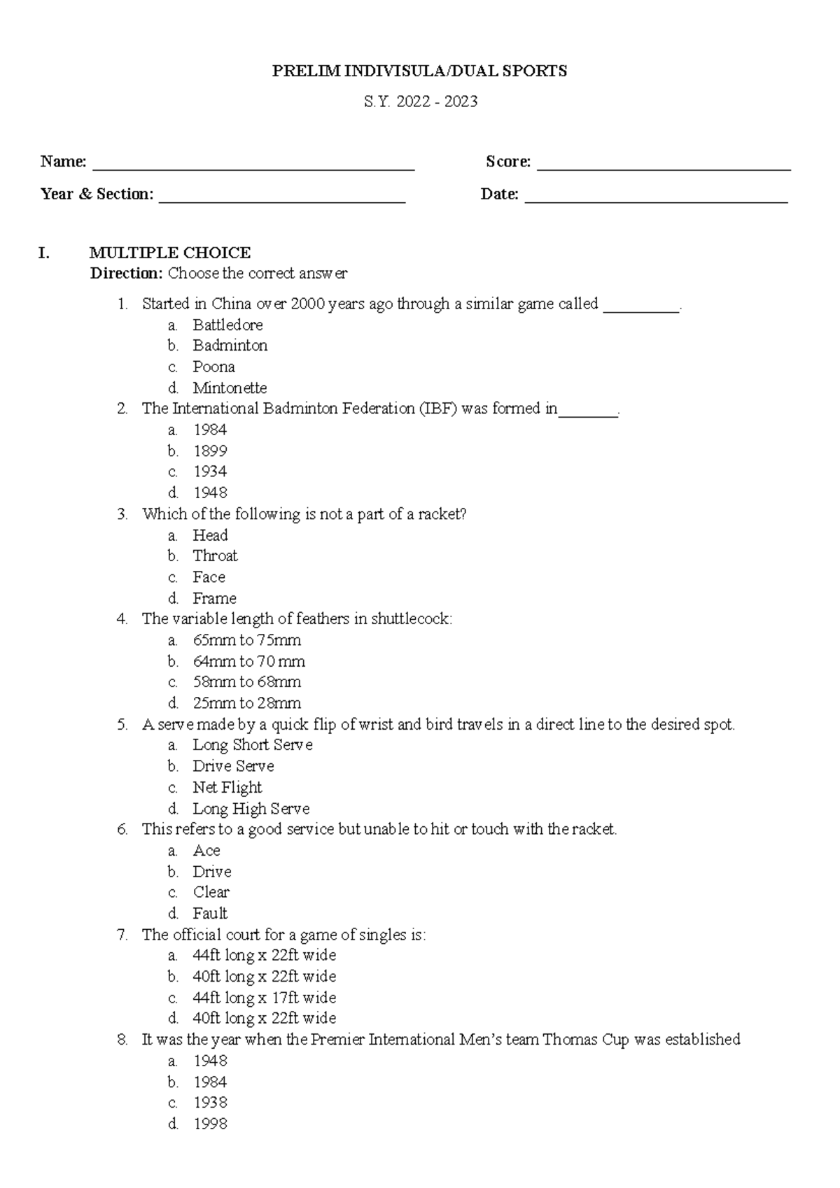 Individual DUAL Sports PRELIM INDIVISULA/DUAL SPORTS S. 2022 2023