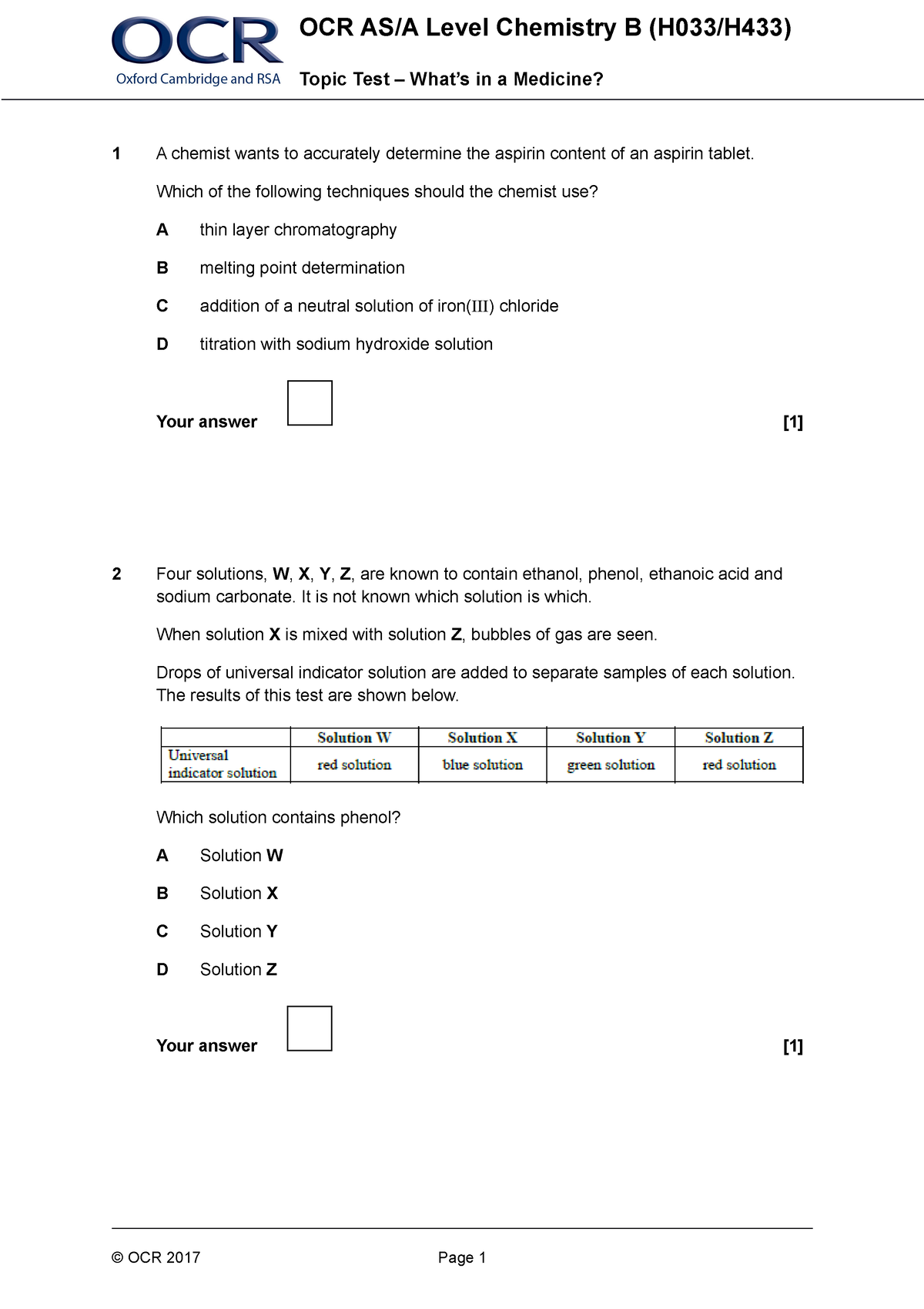 05. GCE A AS Level Chemistry B Topic Test - What-s in a Medicine - 1 A ...