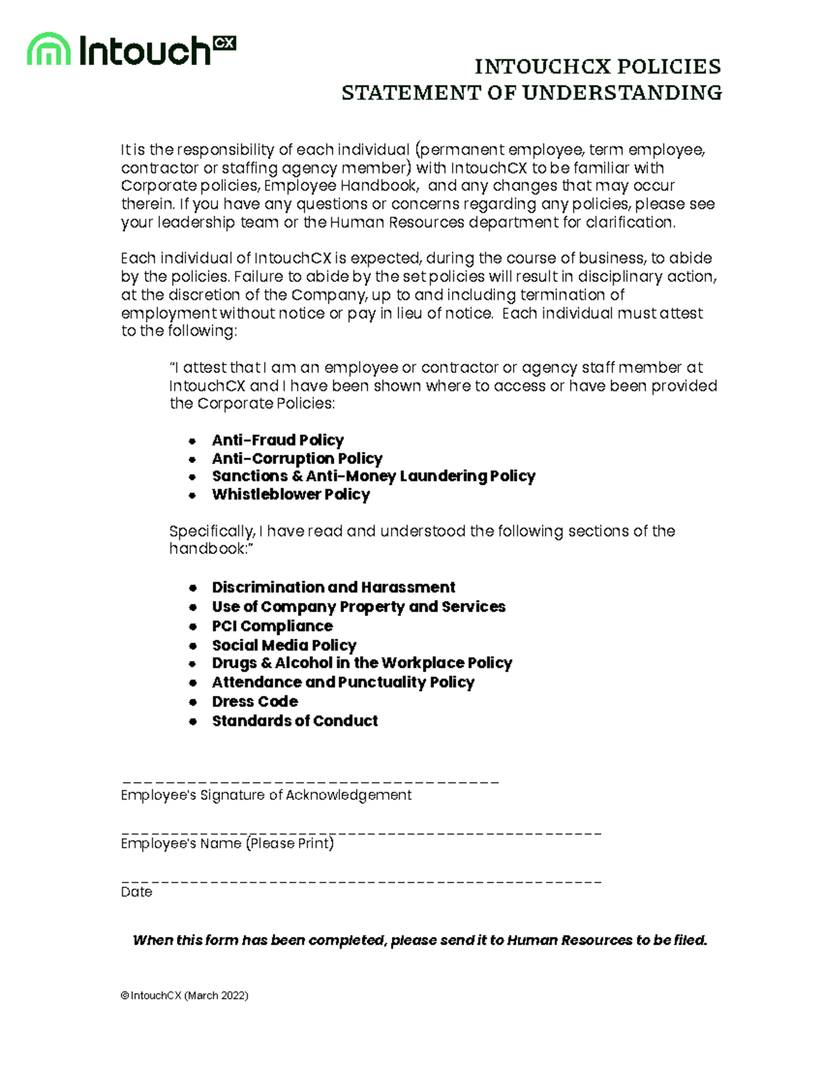 Statement of Understanding Policy Sign-off Form (Canada ...