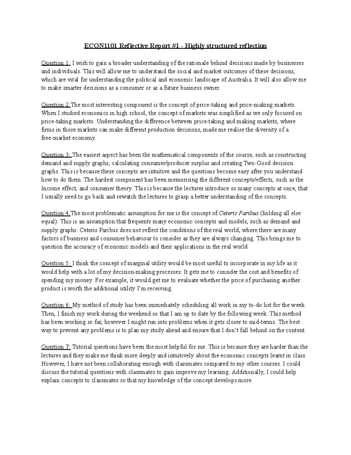 ECON1101 Reflective Report #1 - Highly structured reflection - ECON1101 ...