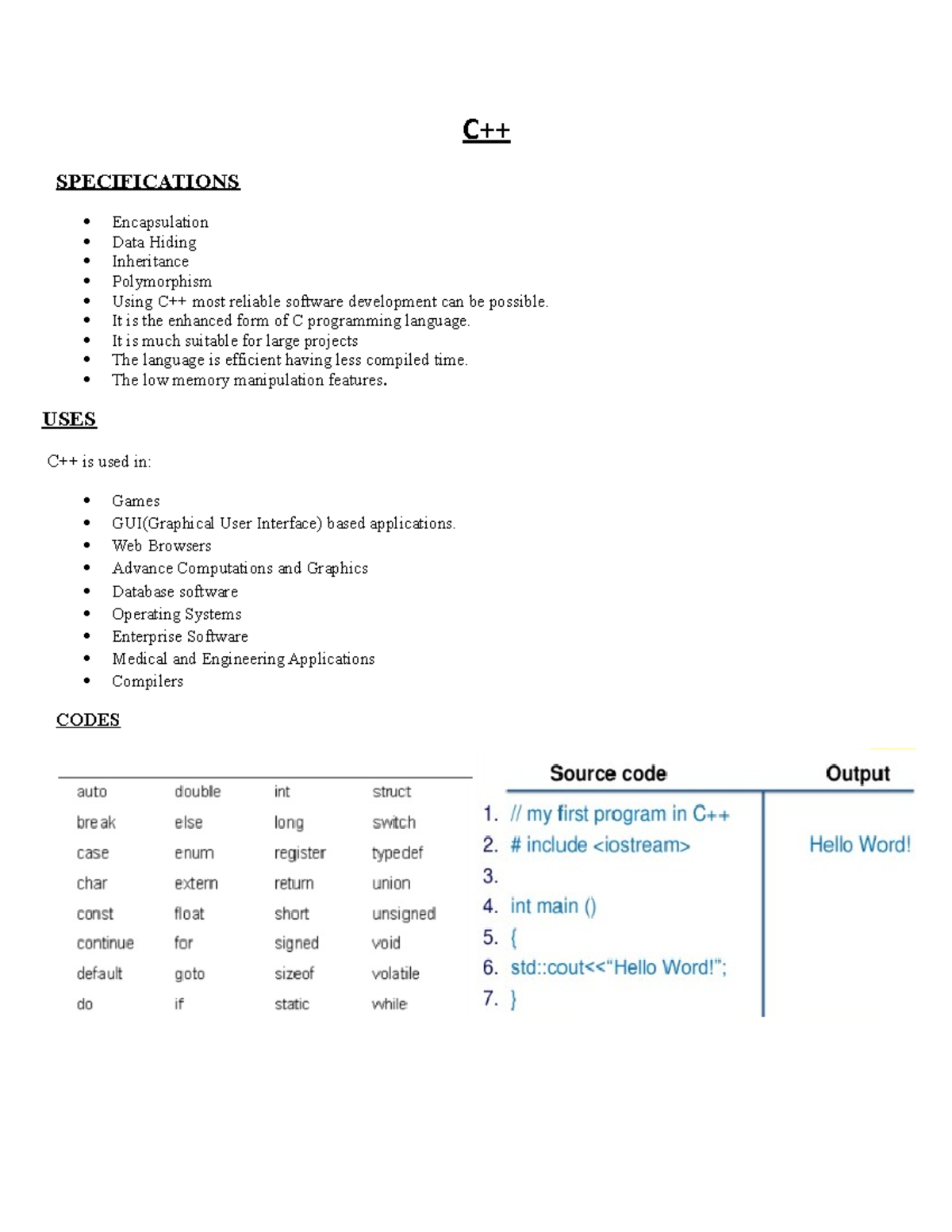 Programming Languages - C++ SPECIFICATIONS Encapsulation Data Hiding ...