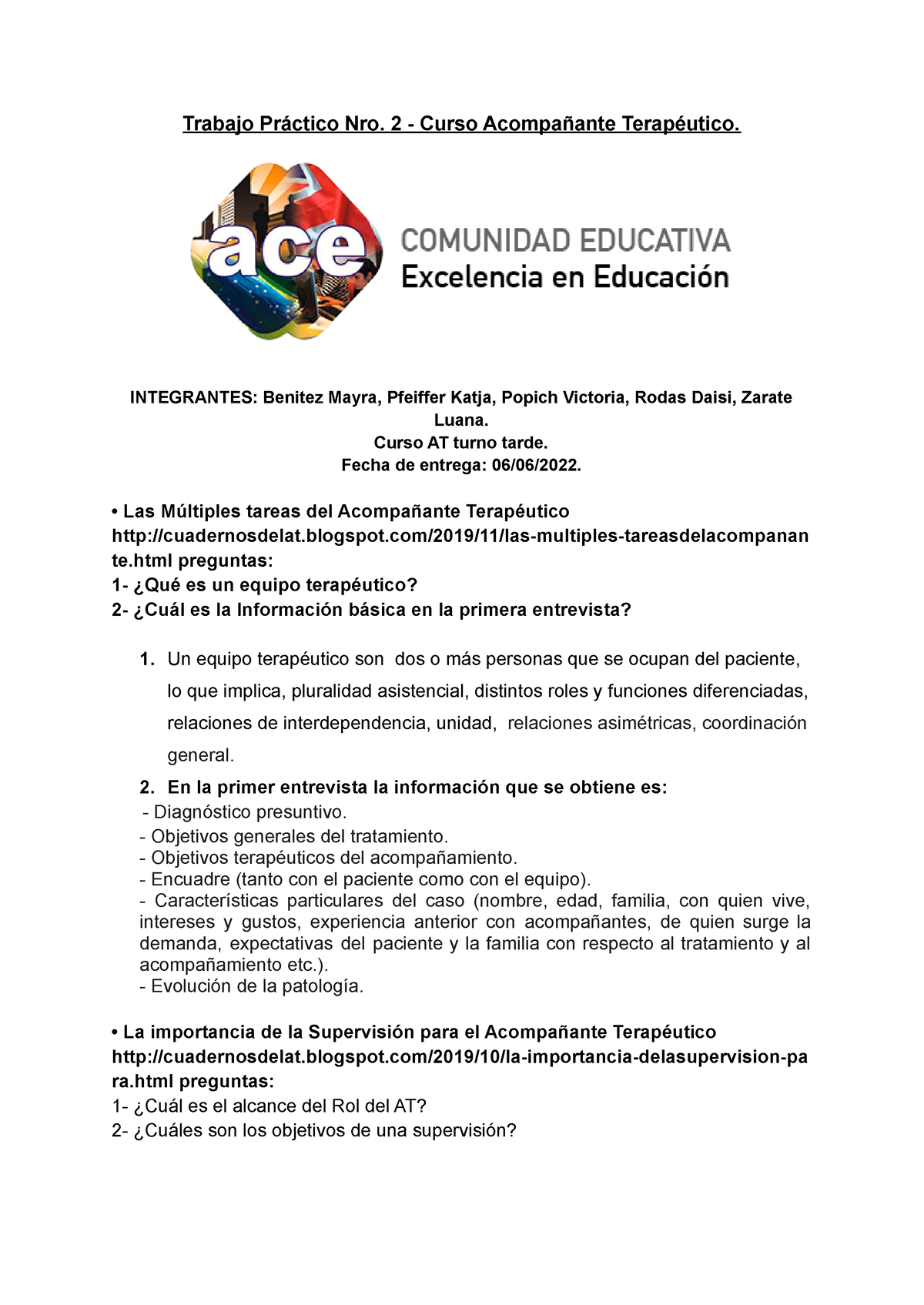 Trabajo Practico Nro 2 Trabajo Práctico Nro 2 Curso Acompañante Terapéutico Integrantes 8102