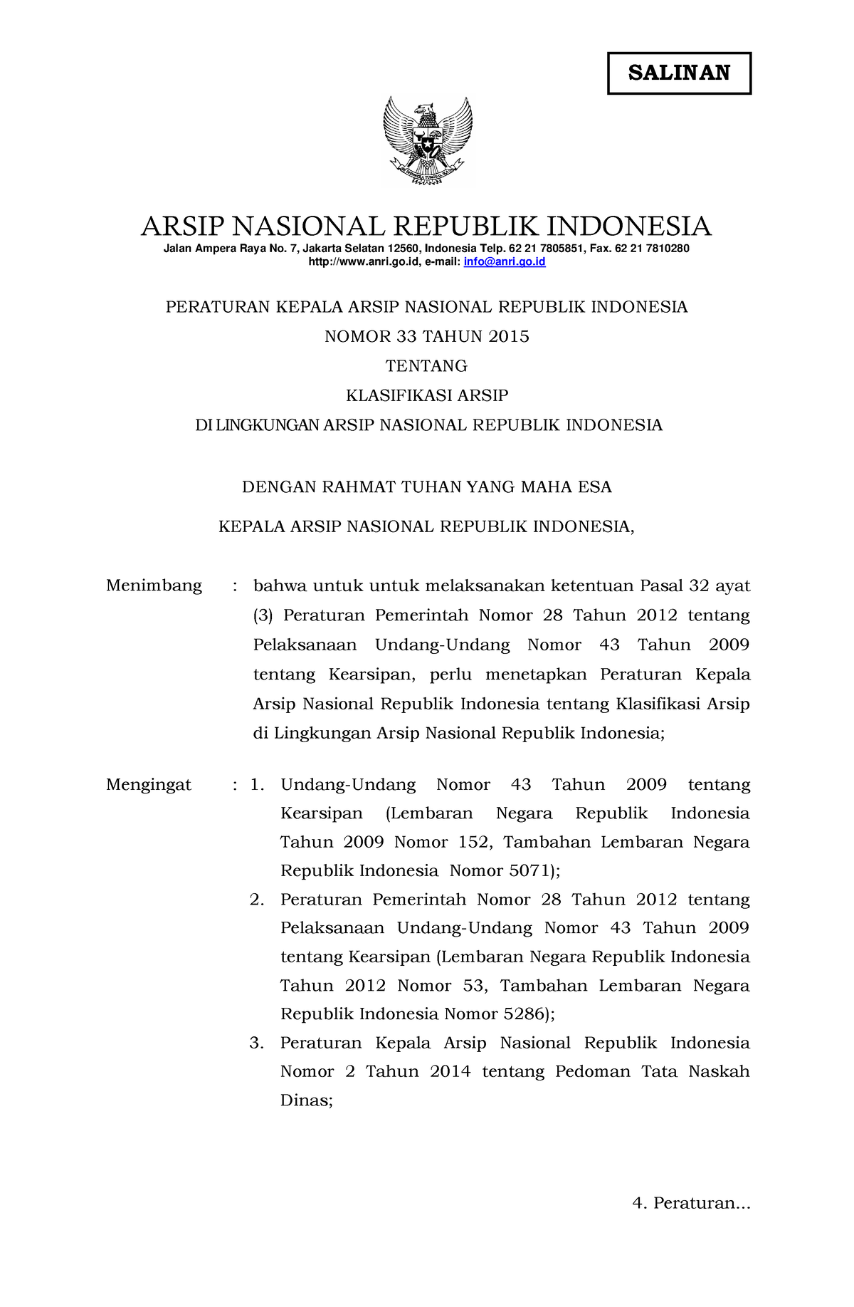 Peraturan Kepala Arsip Nasional Republik Indonesia Nomor 33 Tahun 2015 ...