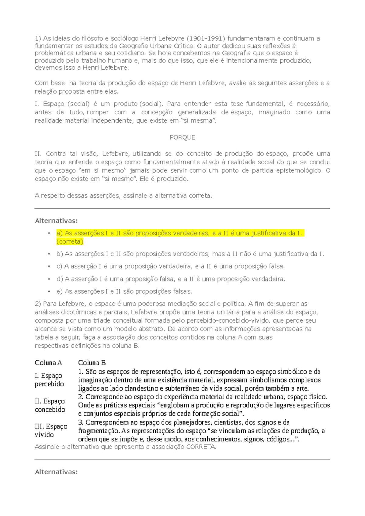 Av geografia urbana 1) As ideias do filósofo e sociólogo Henri