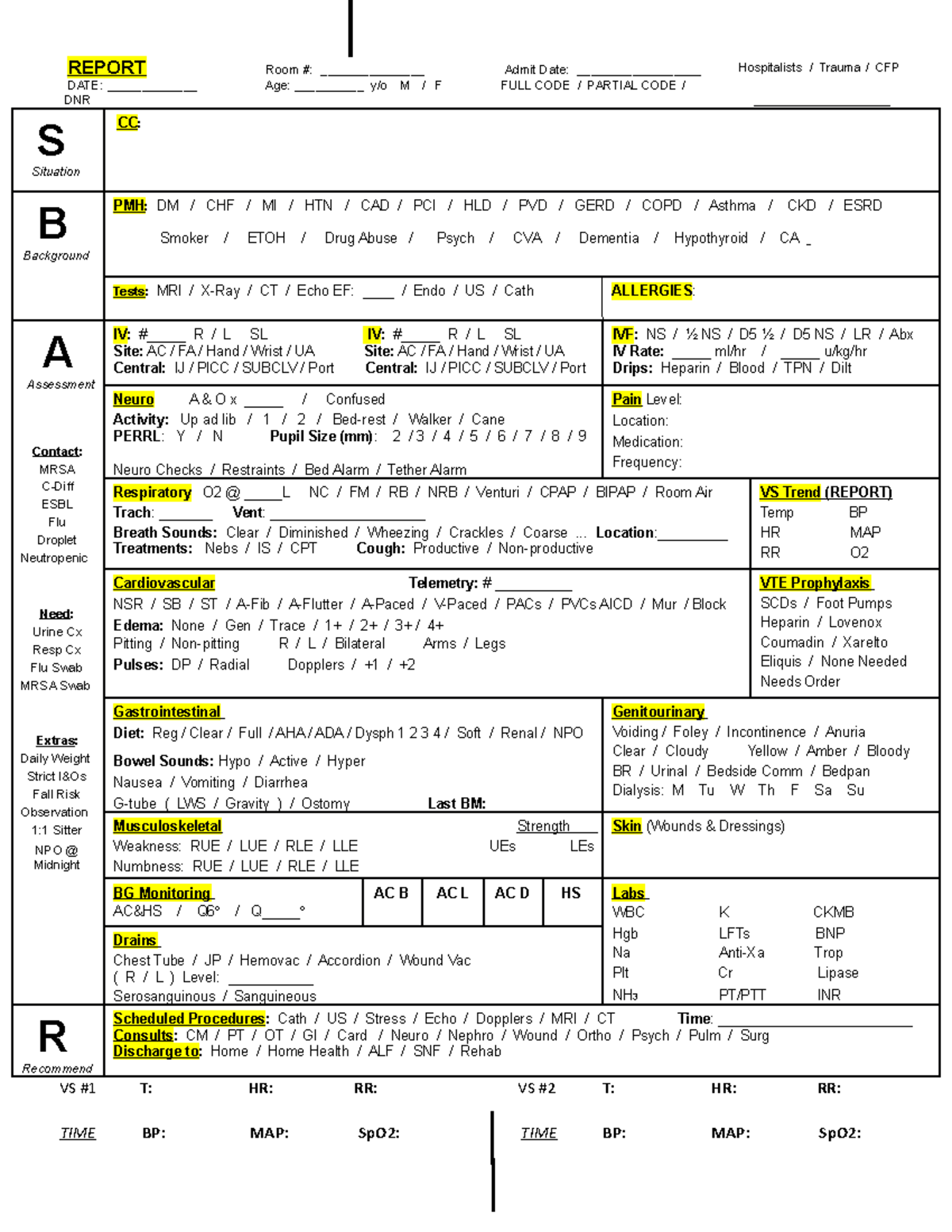 SBAR- Report Sheet Summer 2019 - REPORT Room #: _______________ Admit ...