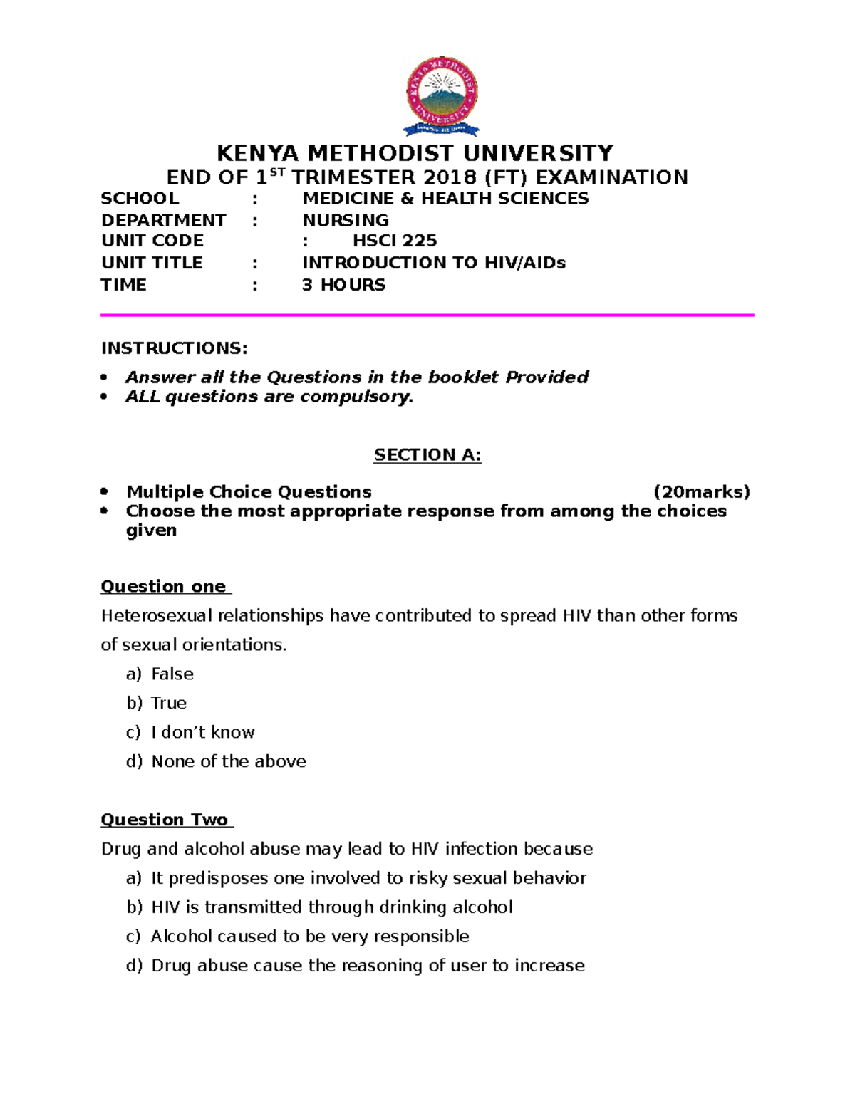 Introduction TO HIV AIDs (HSCI 225) FT 1ST Trimester 2018 - KENYA ...
