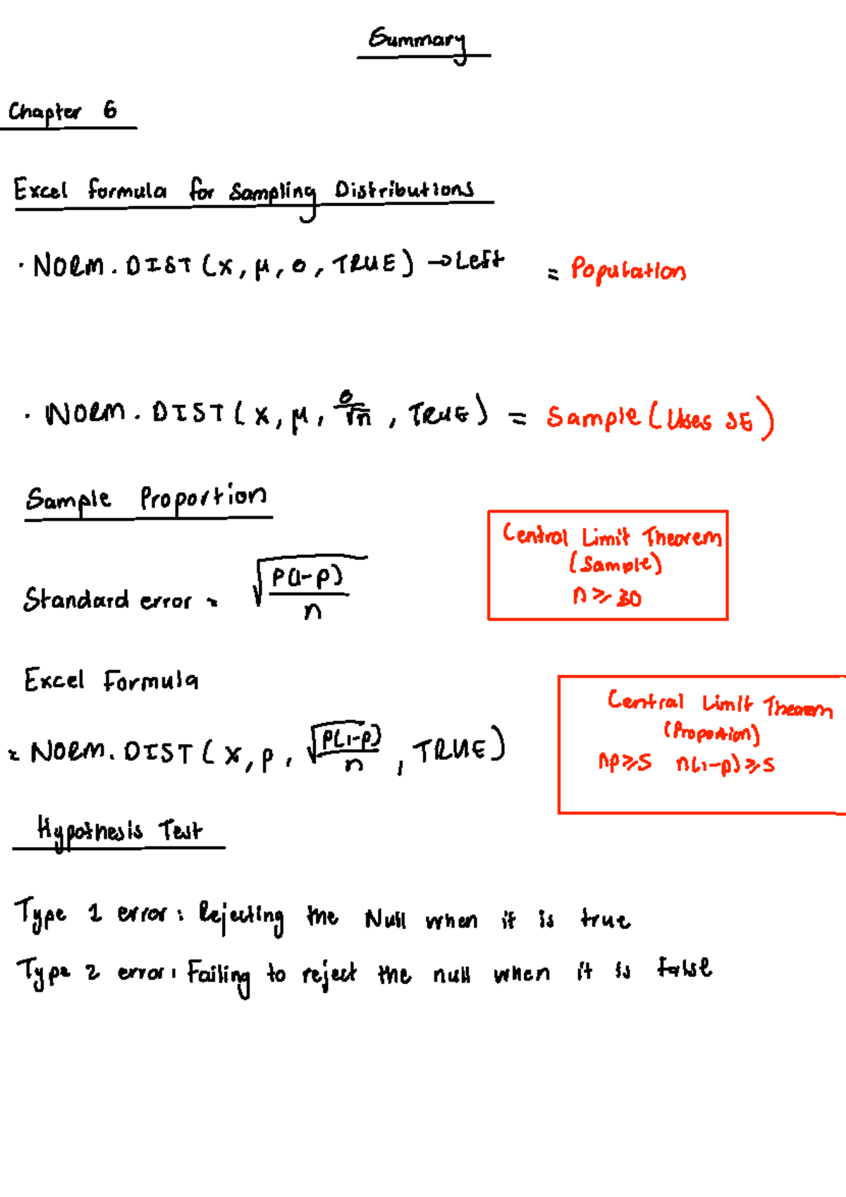 Summary chp 6,7,8,9 REv - Summary Chapter 6 Excel formula for Sampling ...