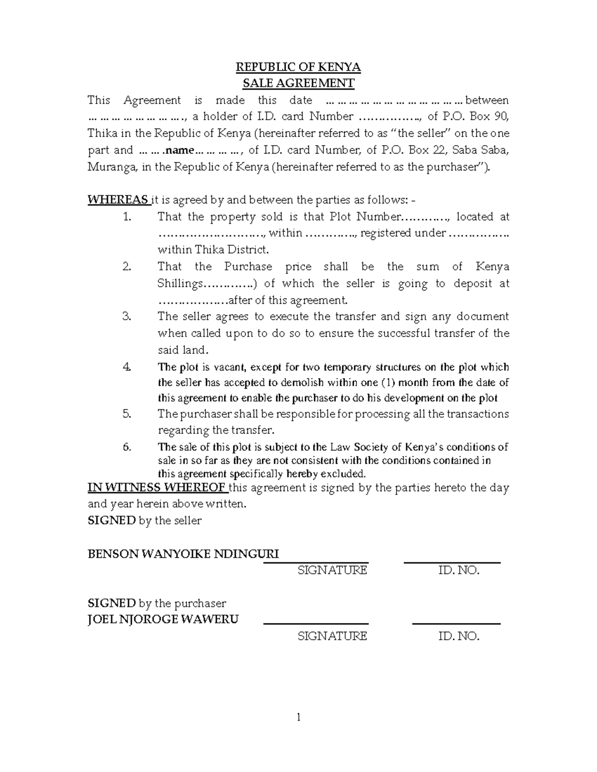 Sample Land Selling Angreement In Kenya PDF Document 1 REPUBLIC OF KENYA SALE AGREEMENT This