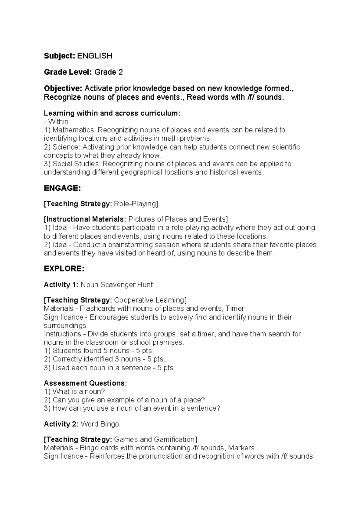 Lesson plan - reference - Subject: ENGLISH Grade Level: Grade 2 ...