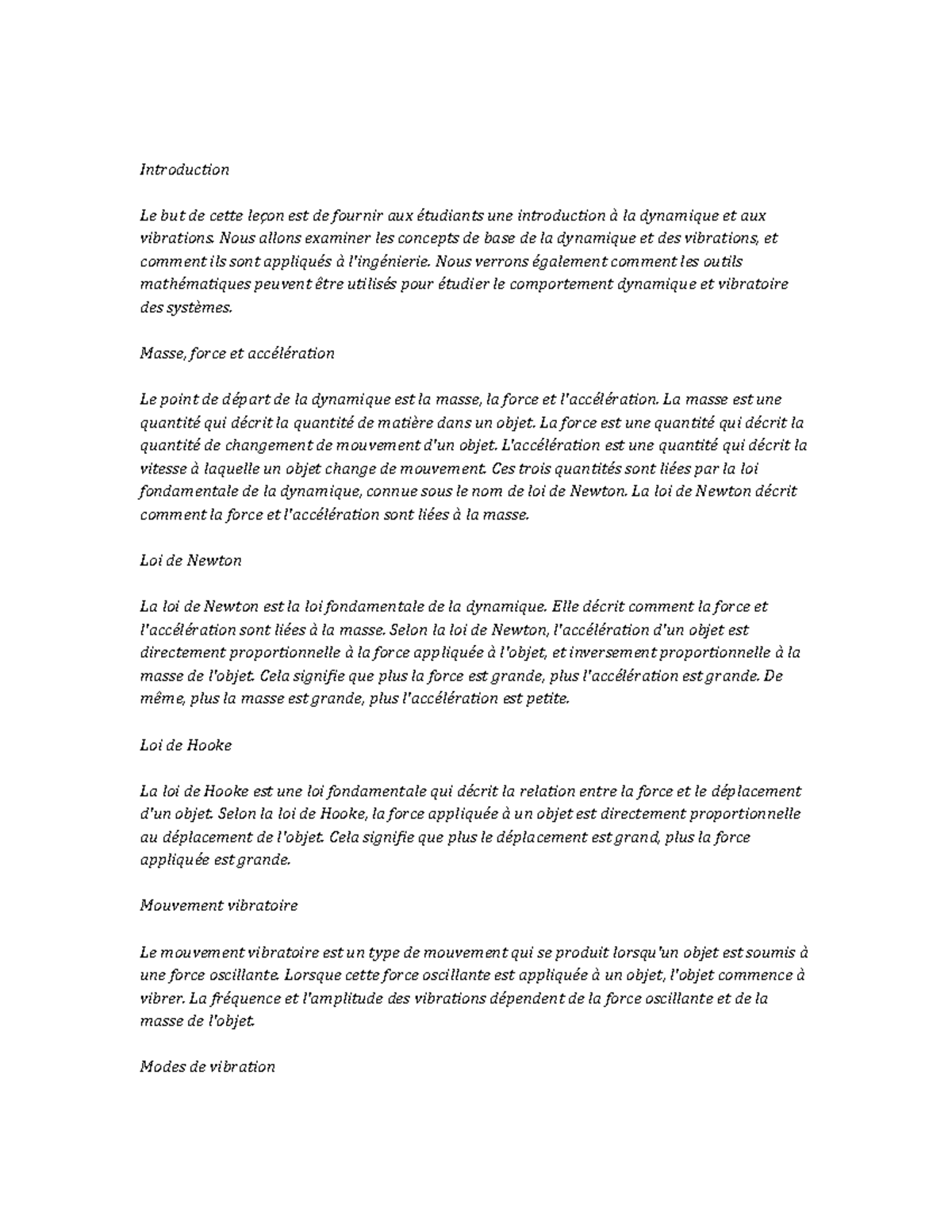 Dynamics and Vibrations Study Notes Introduction Le but de cette
